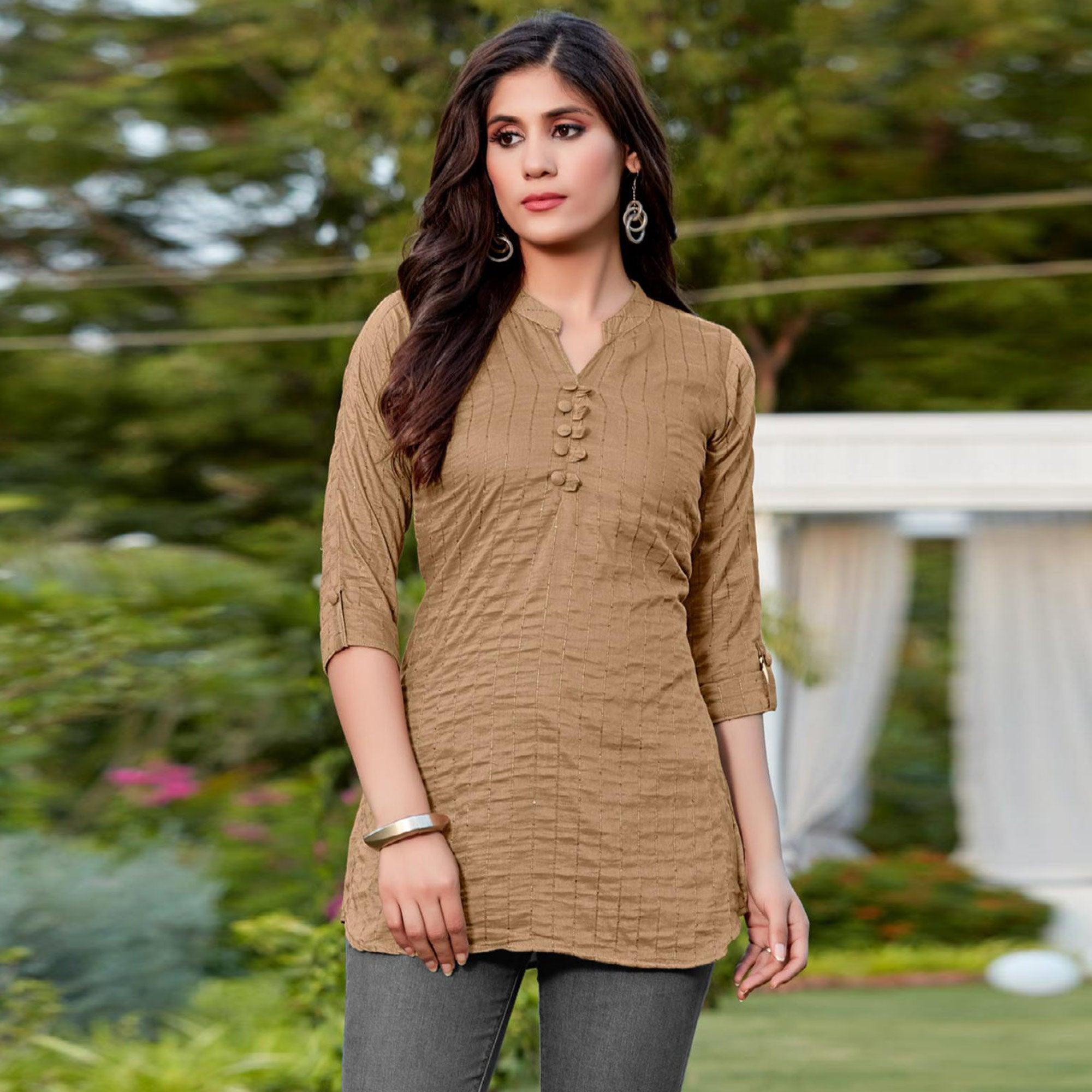 Brown Sequence Embroidered Cotton Silk Top - Peachmode