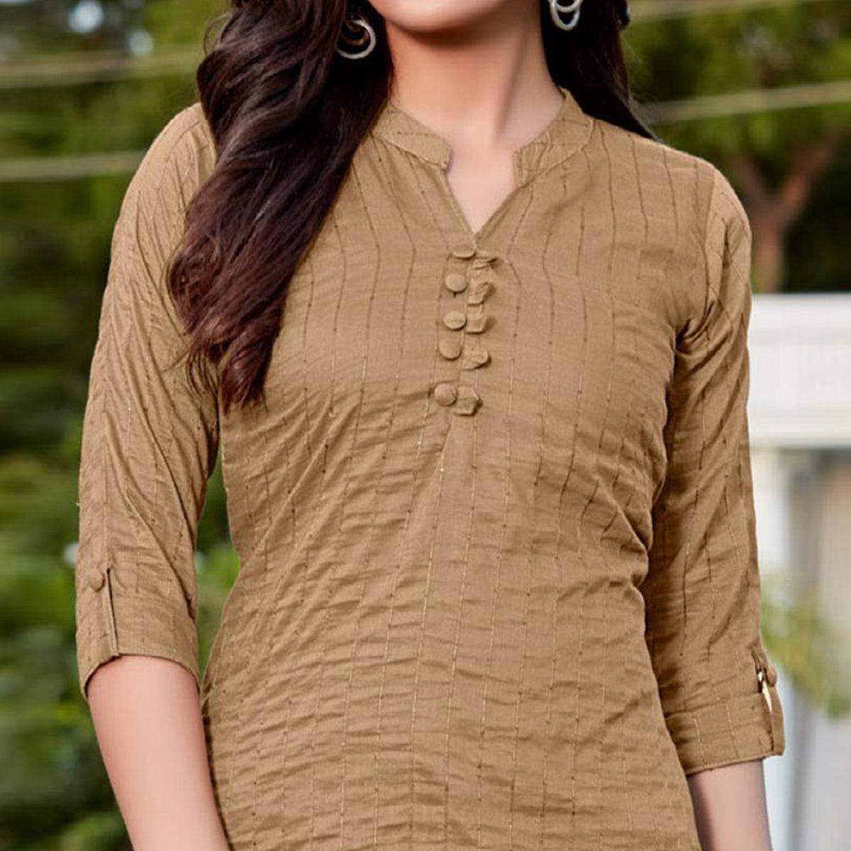 Brown Sequence Embroidered Cotton Silk Top - Peachmode