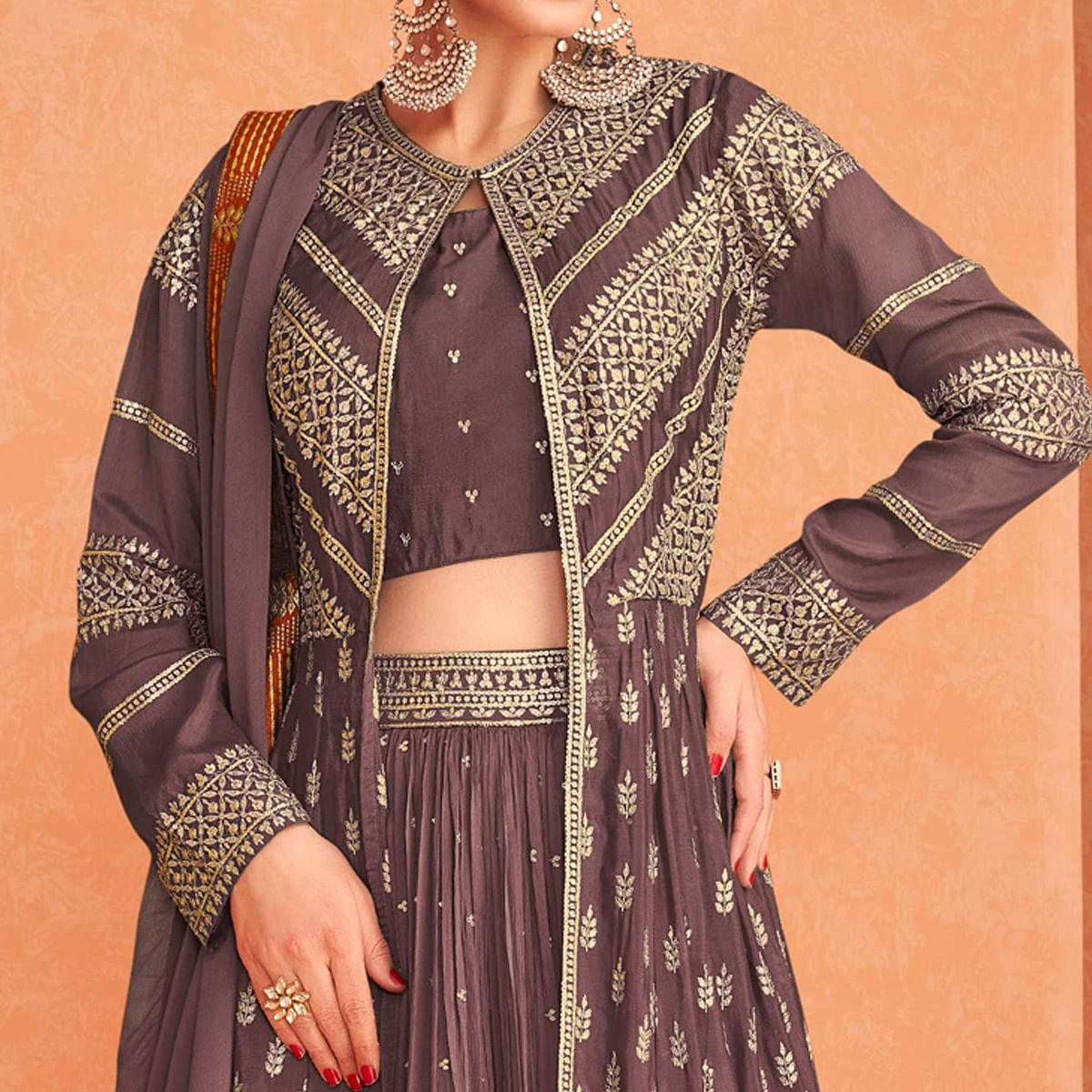 Brown Sequence Embroidered Georgette Lehenga Choli With Jacket - Peachmode