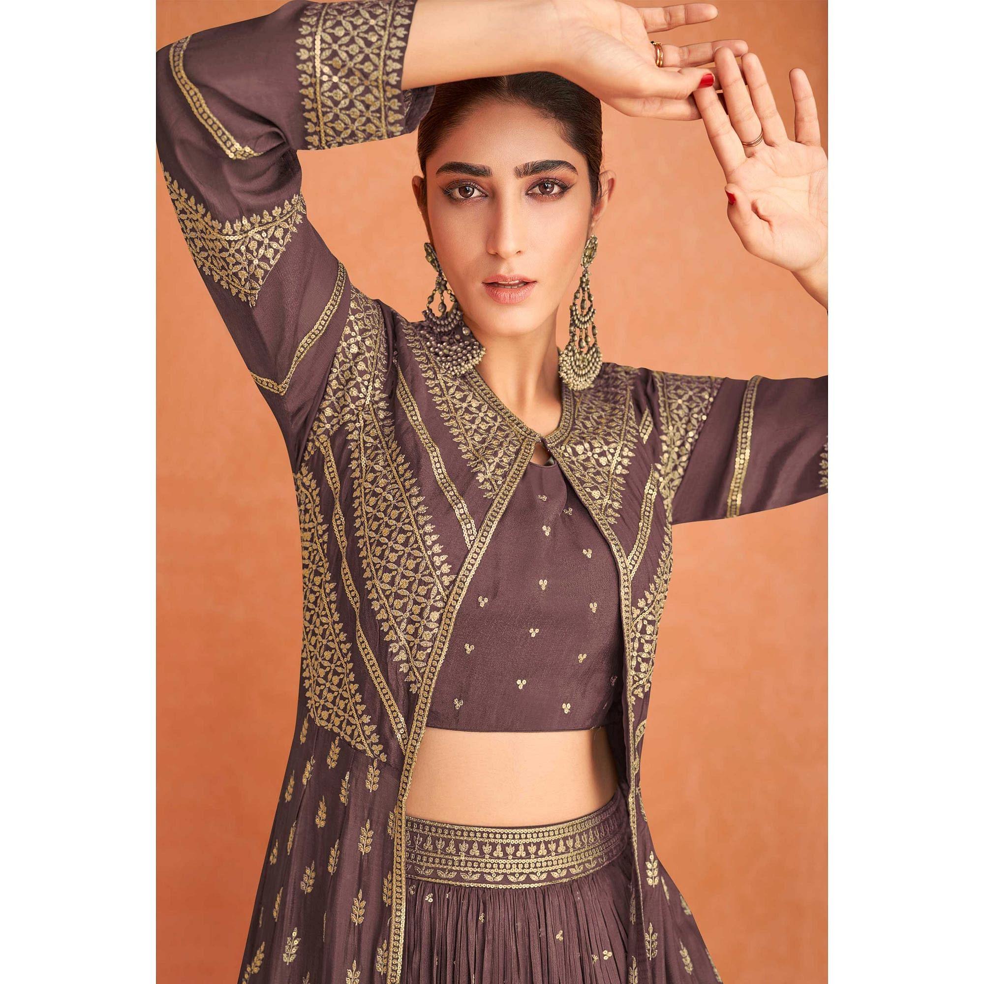 Brown Sequence Embroidered Georgette Lehenga Choli With Jacket - Peachmode