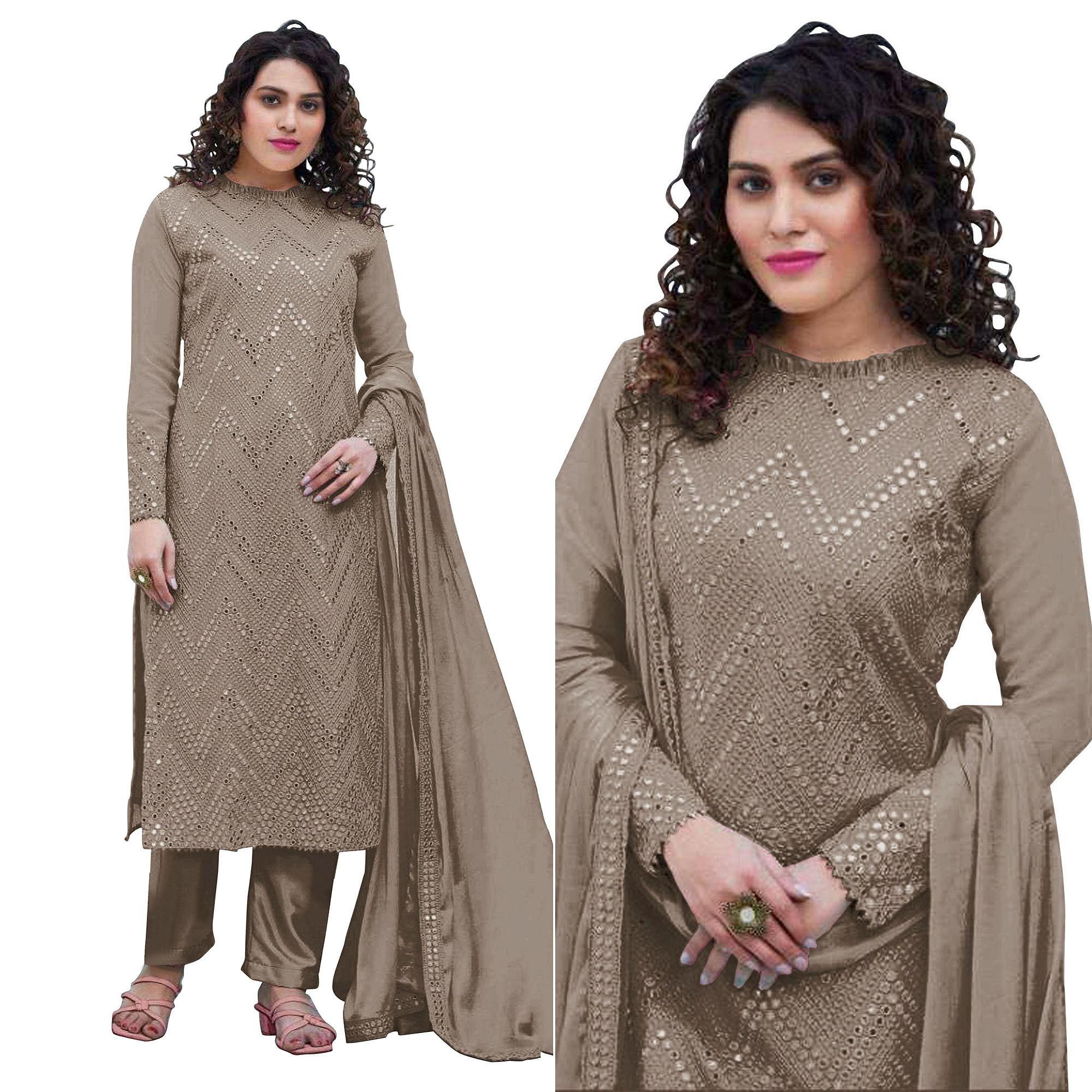 Brown Sequence Embroidered Georgette Suit - Peachmode