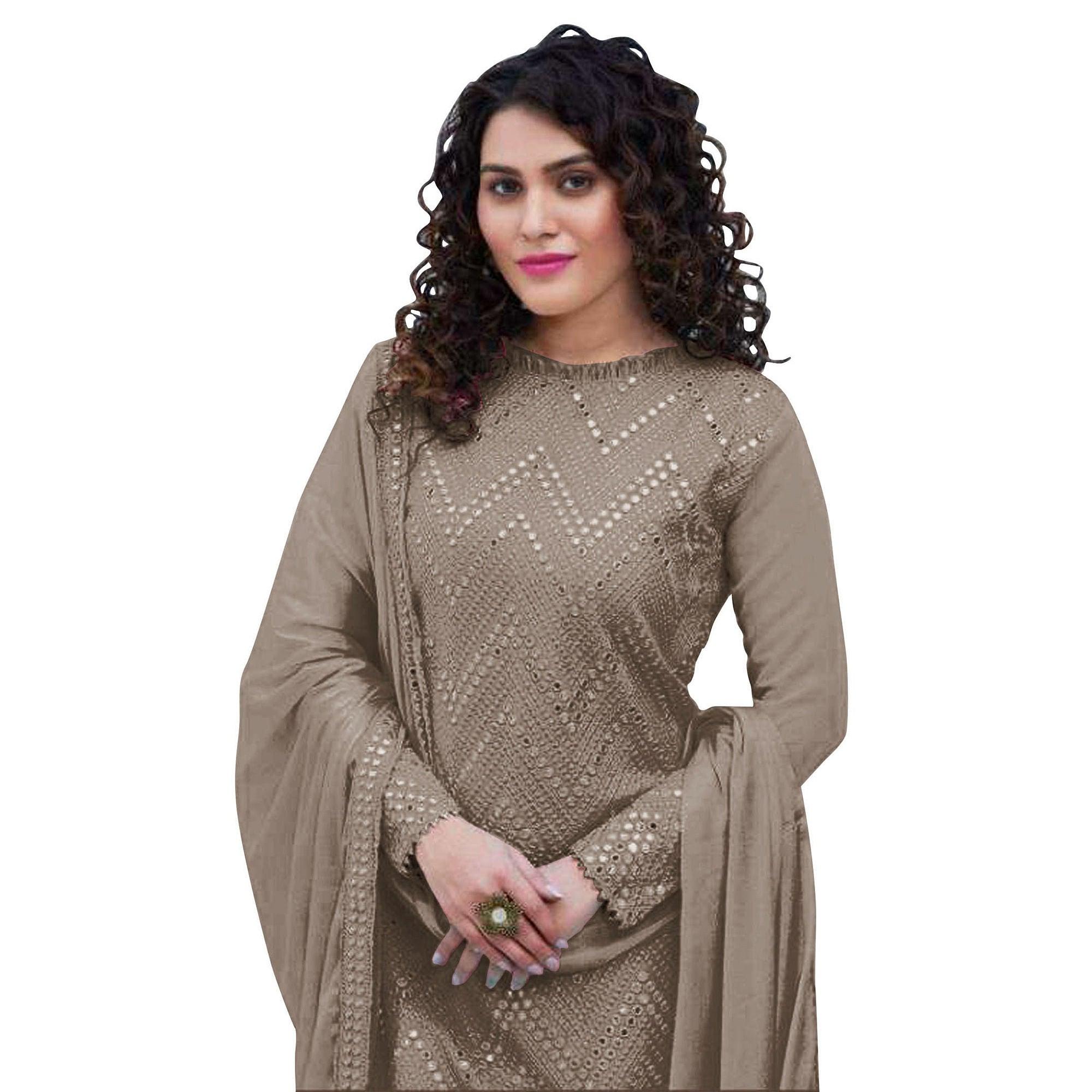 Brown Sequence Embroidered Georgette Suit - Peachmode