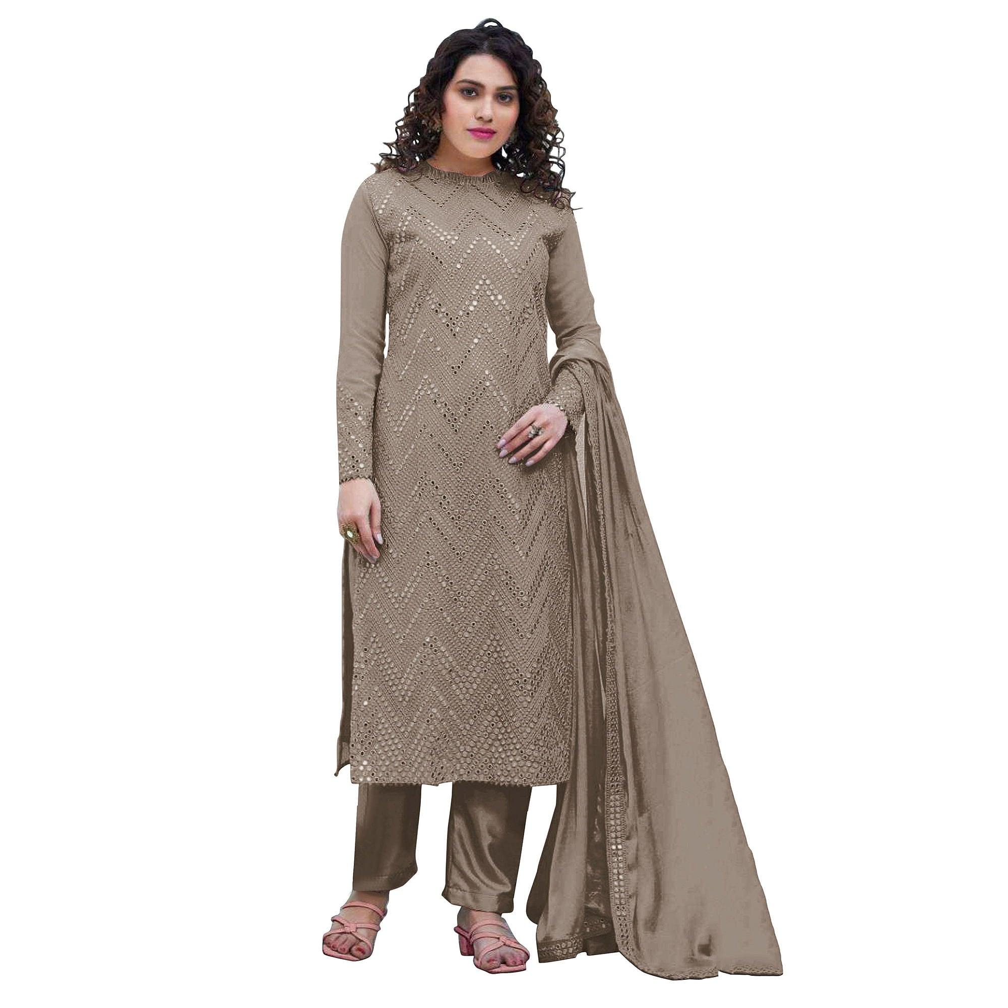 Brown Sequence Embroidered Georgette Suit - Peachmode