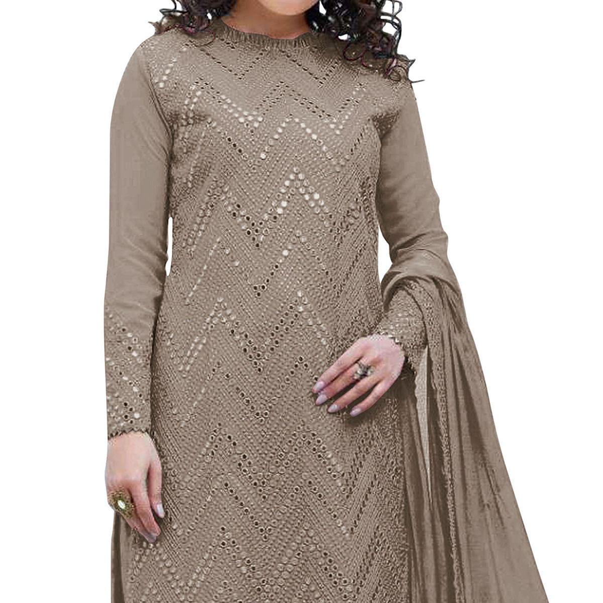 Brown Sequence Embroidered Georgette Suit - Peachmode