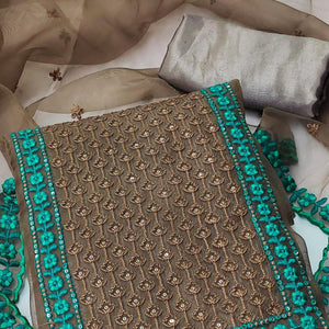 Brown Sequence Embroidered Organza Dress Material - Peachmode