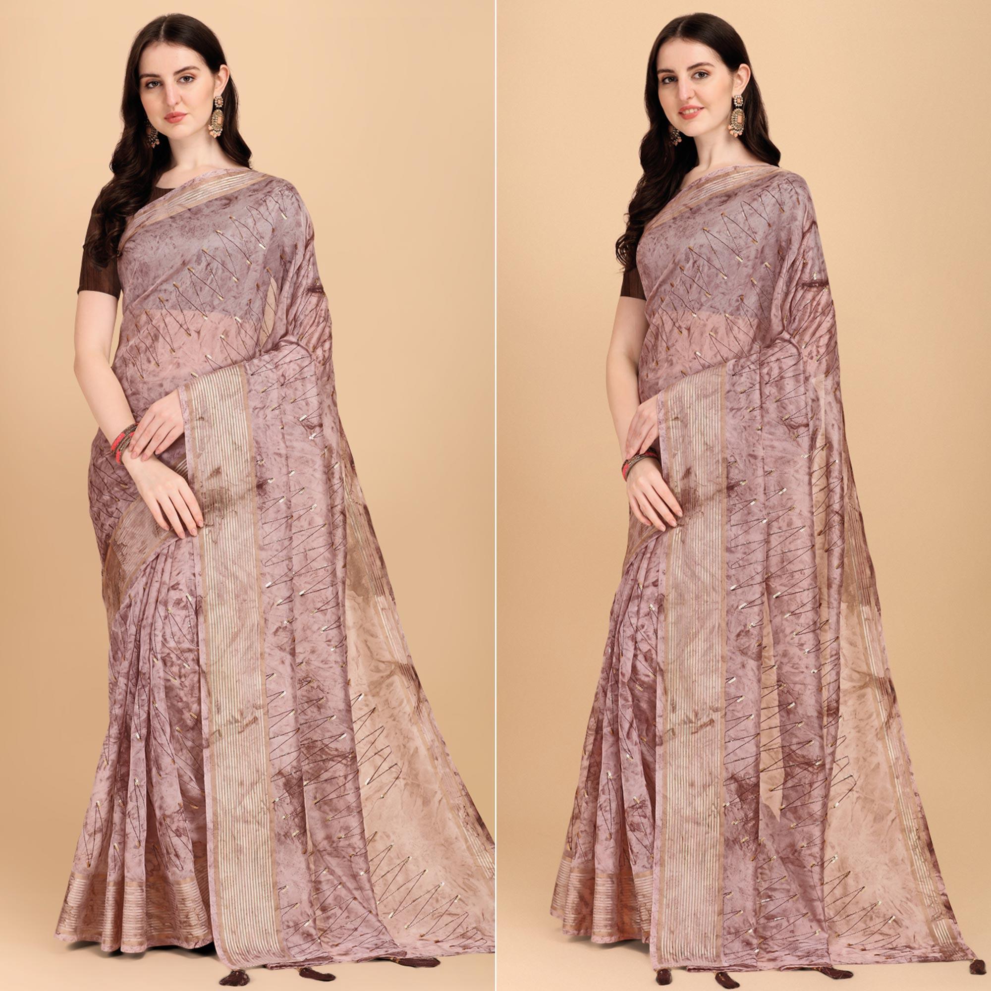 Brown Sequence Embroidered Organza Saree - Peachmode