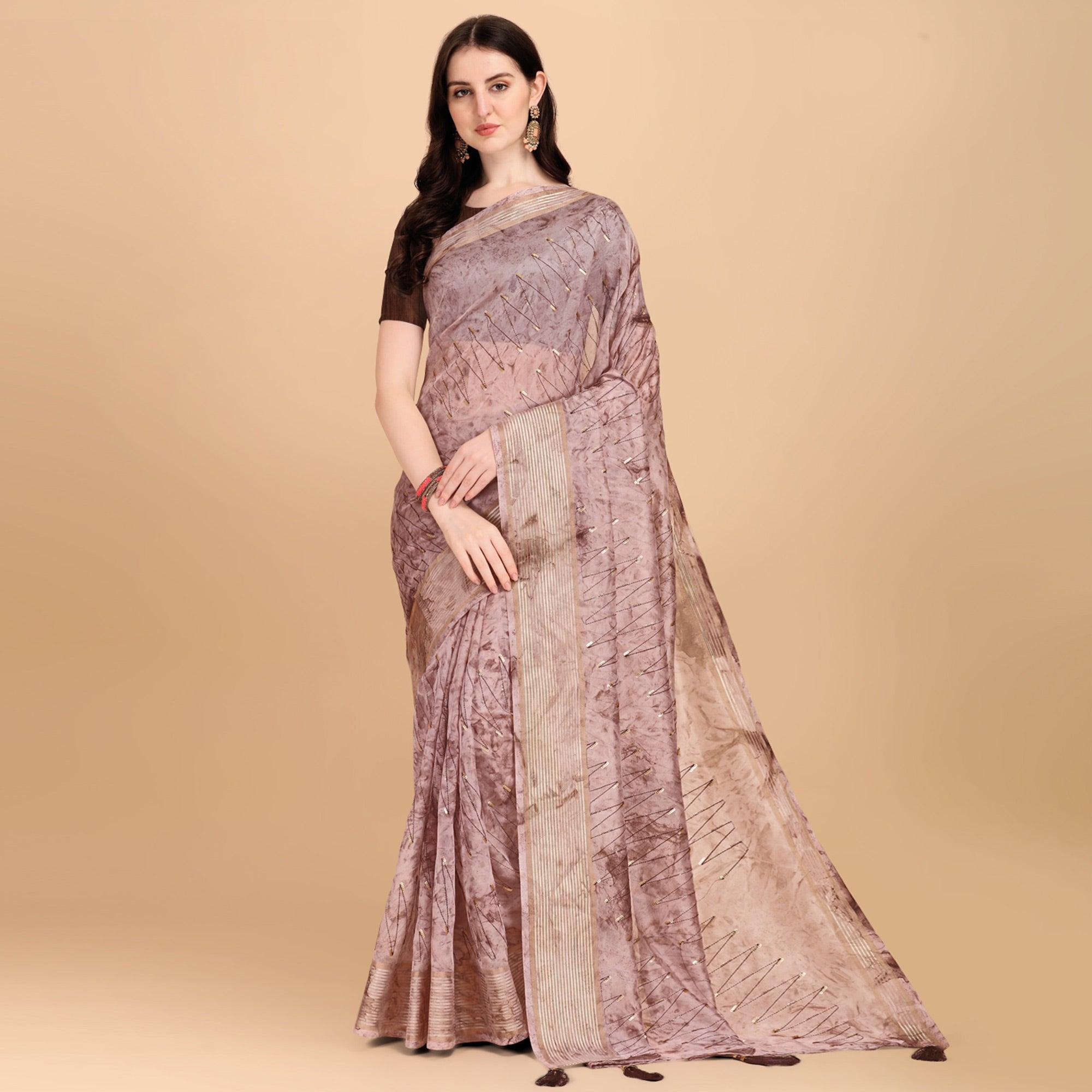 Brown Sequence Embroidered Organza Saree - Peachmode