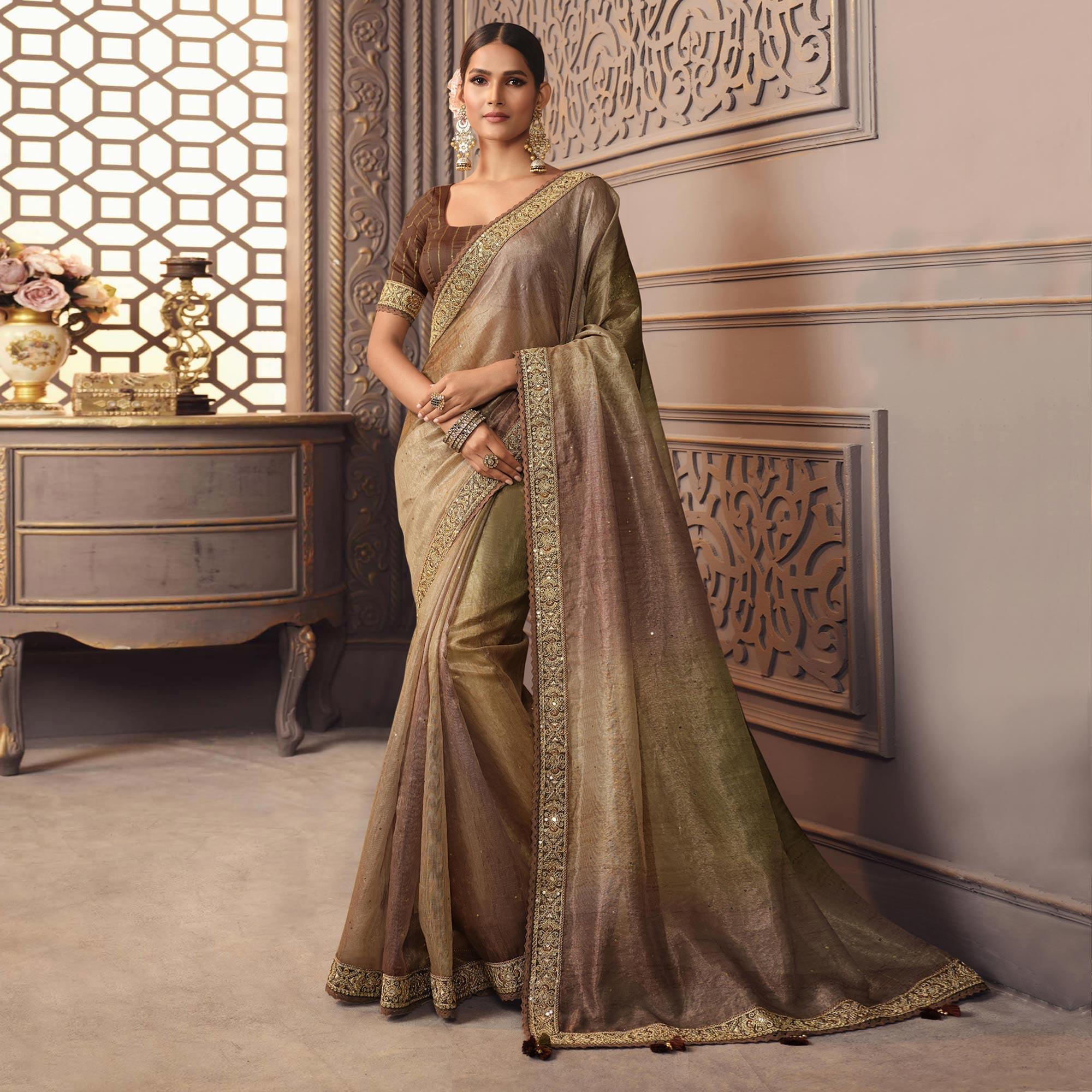 Brown Sequence Embroidered Organza Saree - Peachmode