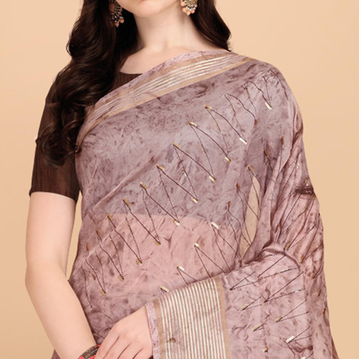 Brown Sequence Embroidered Organza Saree - Peachmode