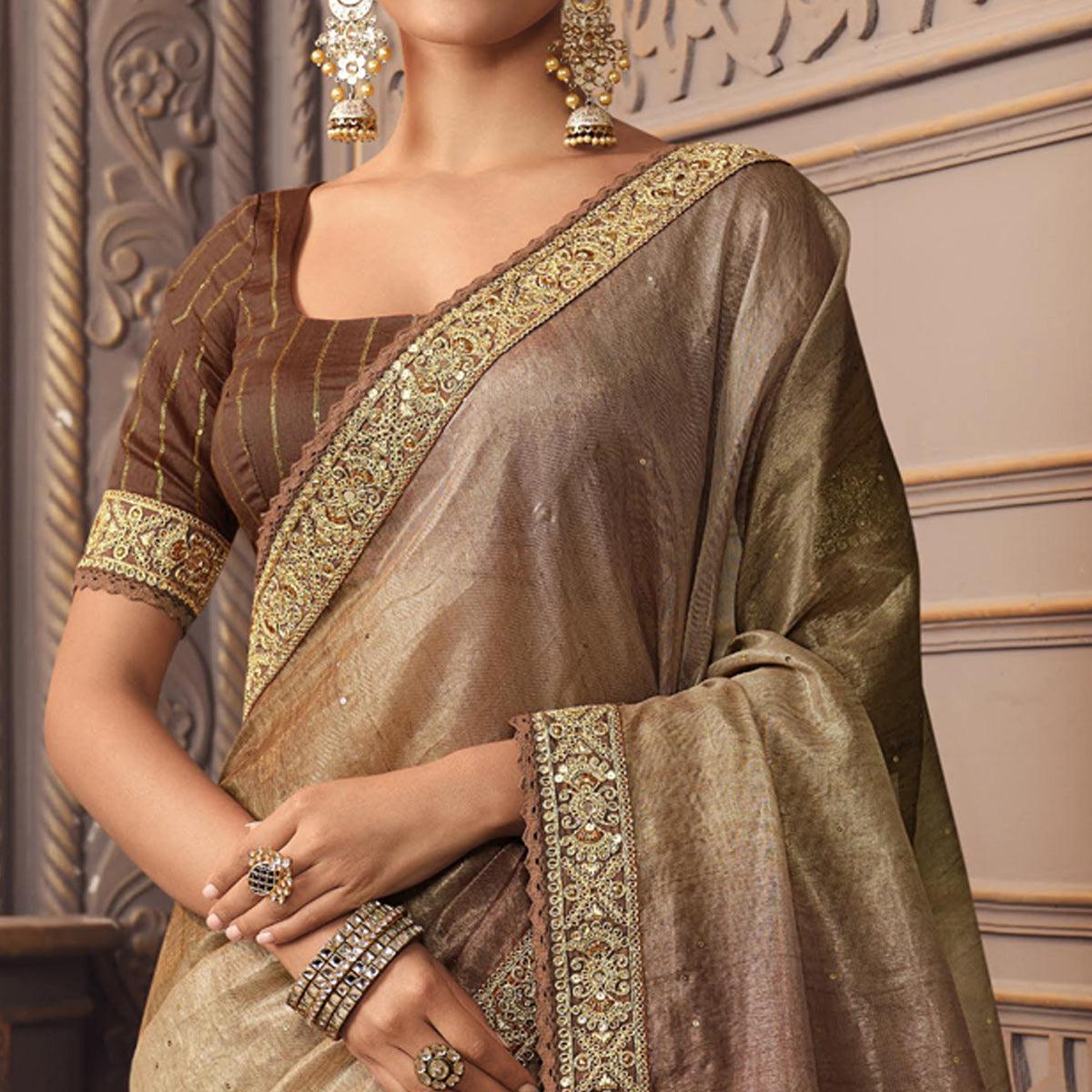 Brown Sequence Embroidered Organza Saree - Peachmode