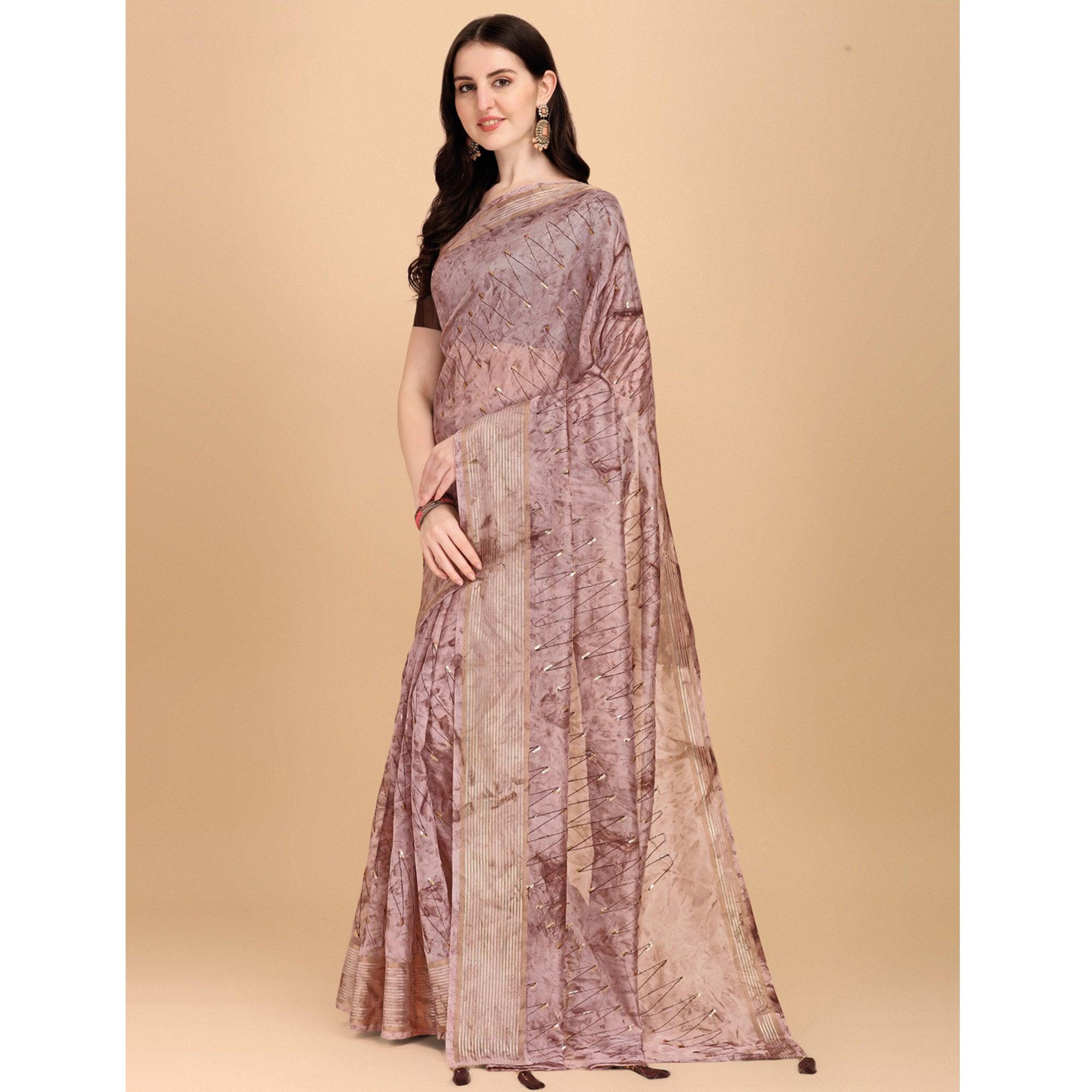 Brown Sequence Embroidered Organza Saree - Peachmode