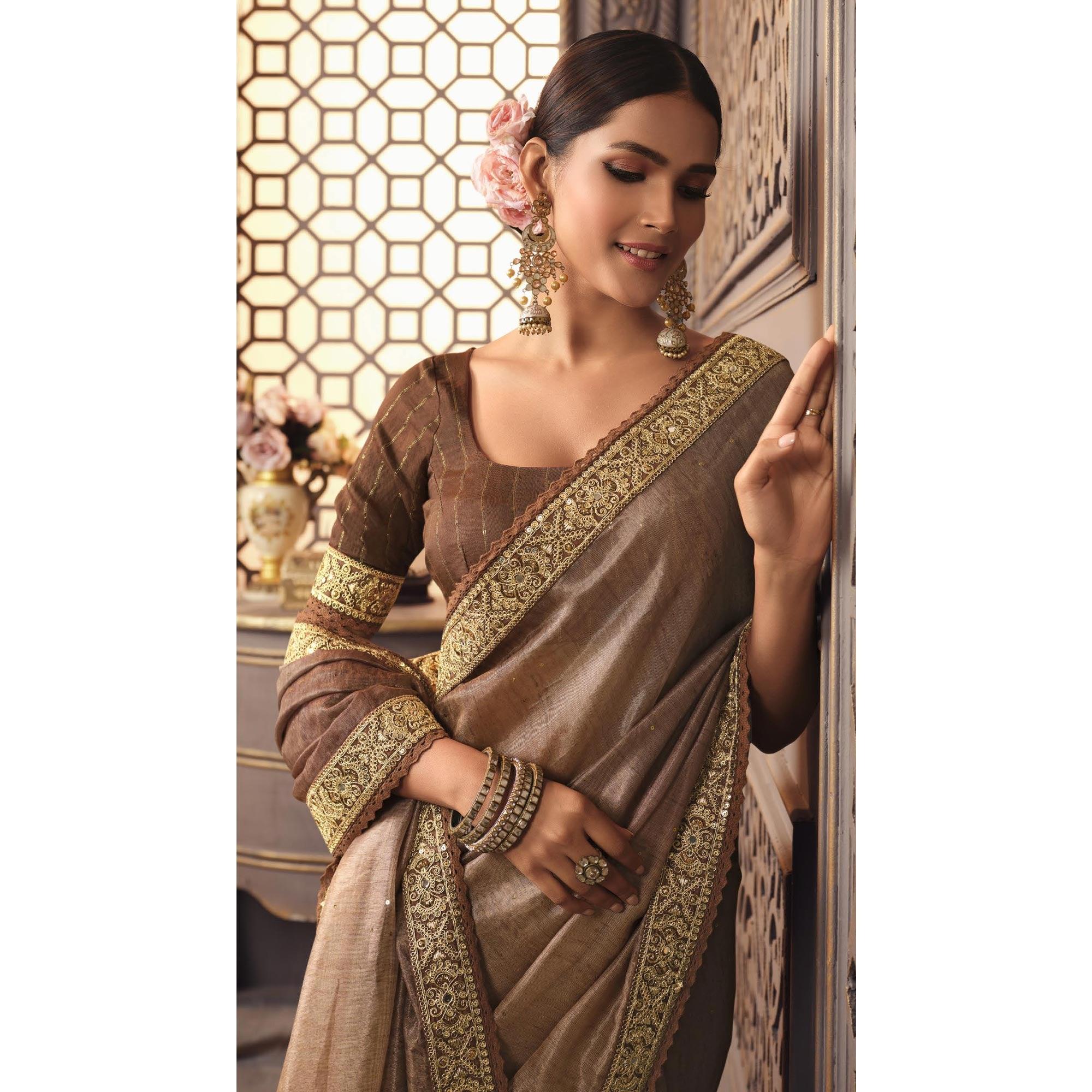Brown Sequence Embroidered Organza Saree - Peachmode