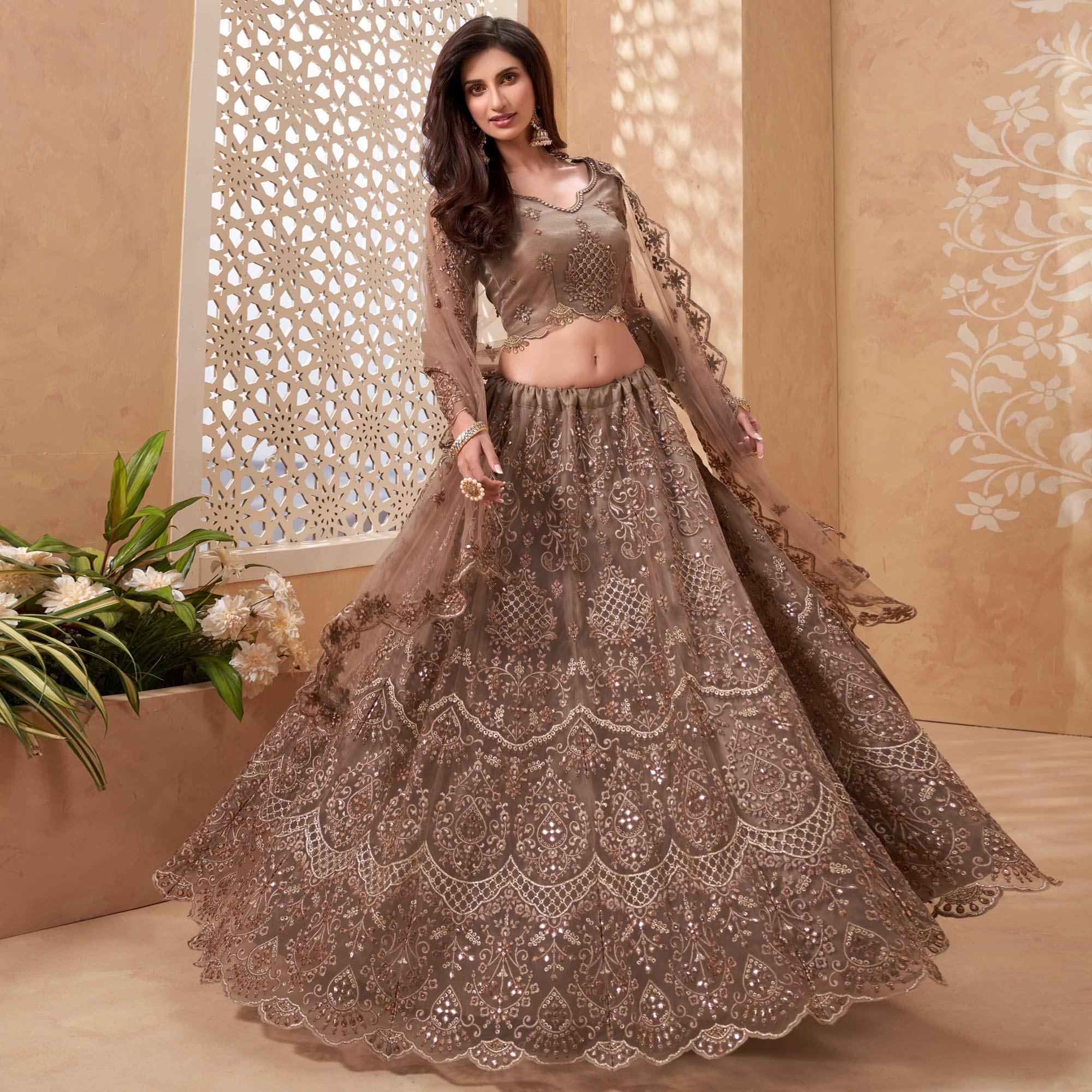 Brown Sequence Floral Embroidered Net Lehenga Choli - Peachmode