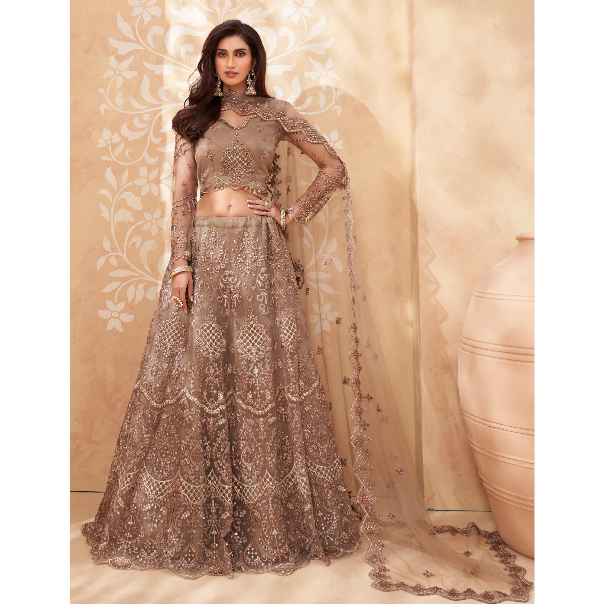 Brown Sequence Floral Embroidered Net Lehenga Choli - Peachmode