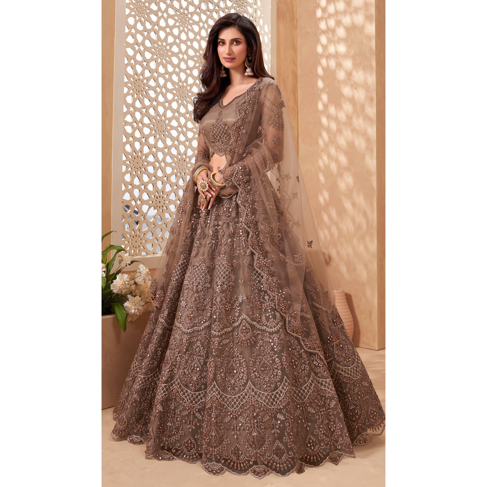 Brown Sequence Floral Embroidered Net Lehenga Choli - Peachmode