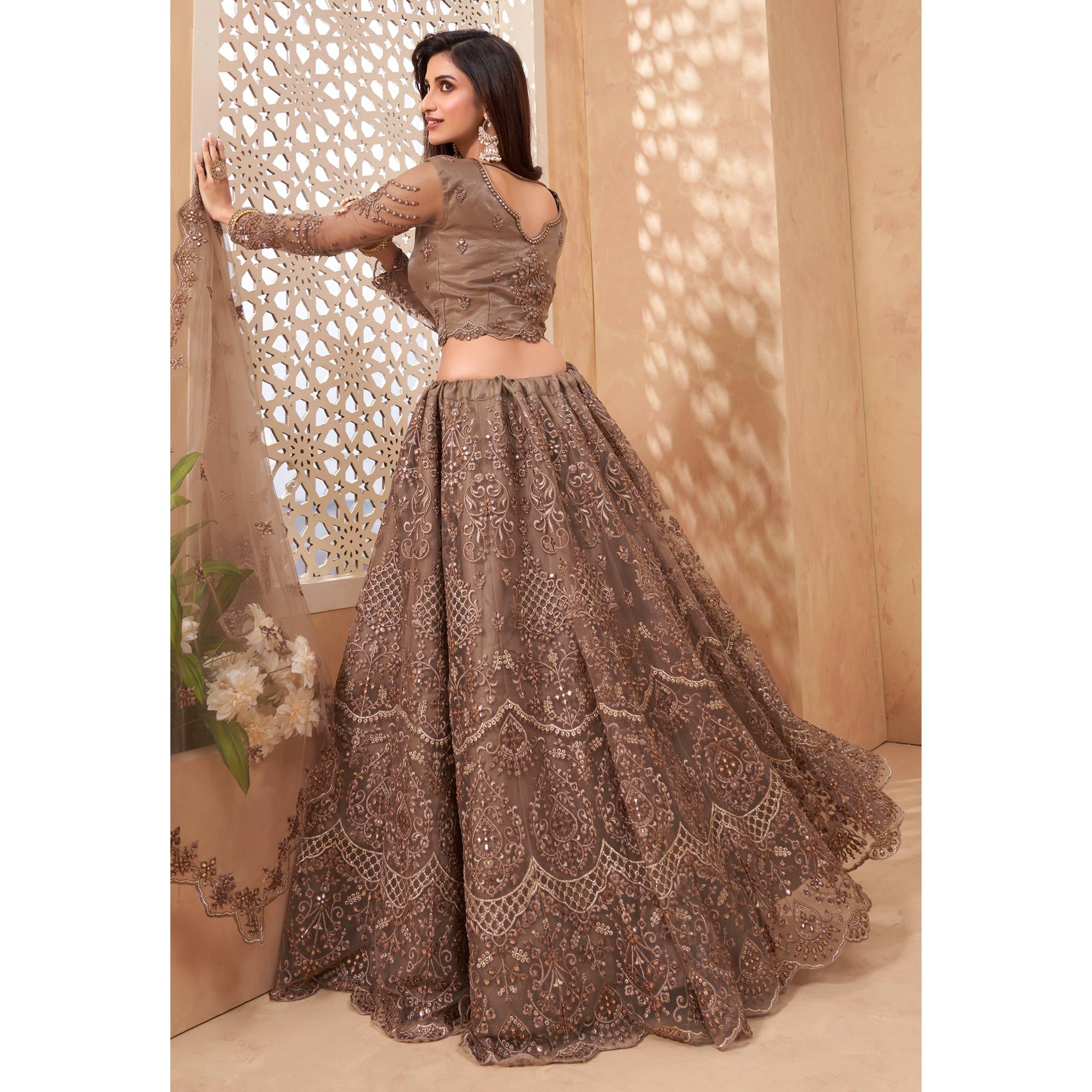 Brown Sequence Floral Embroidered Net Lehenga Choli - Peachmode