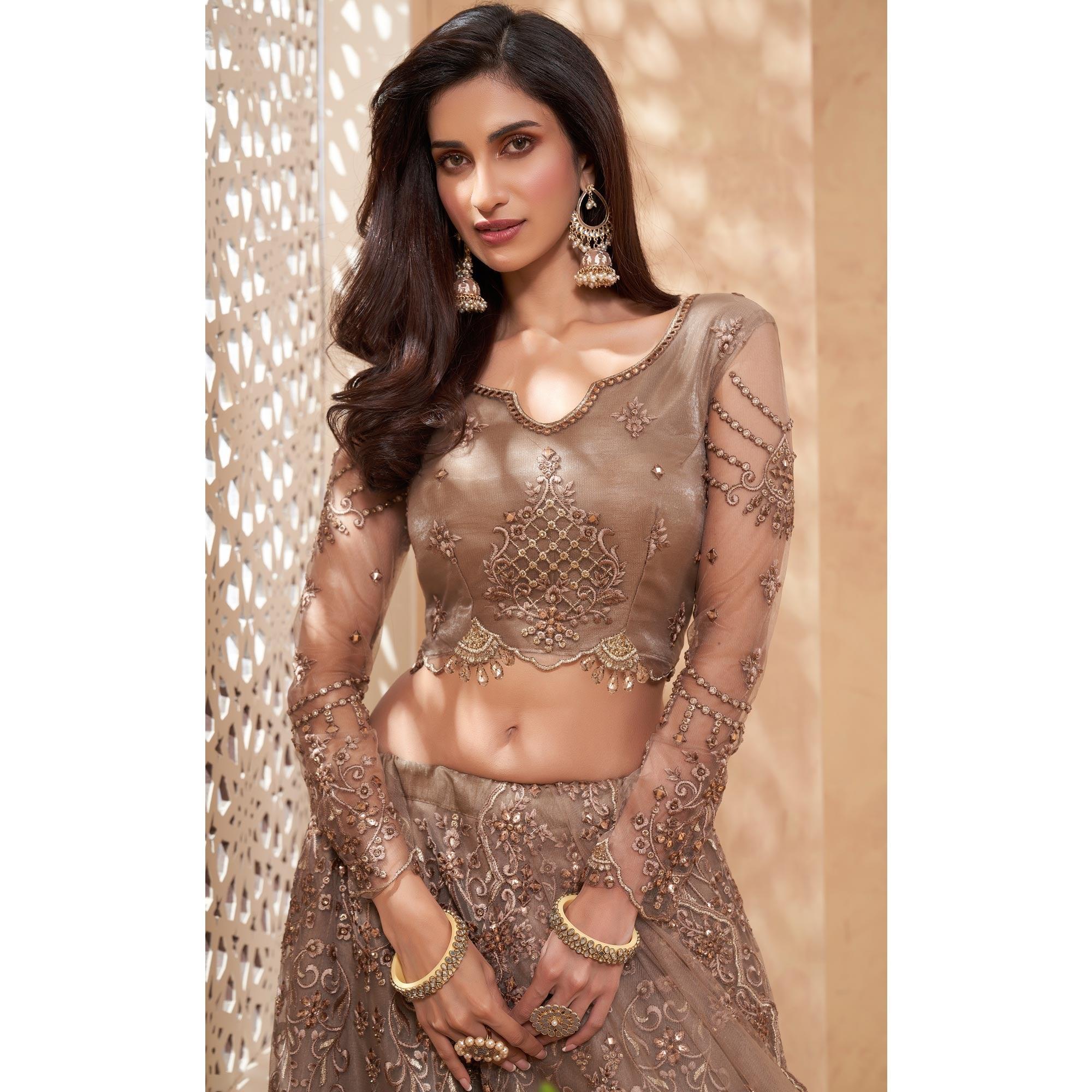 Brown Sequence Floral Embroidered Net Lehenga Choli - Peachmode