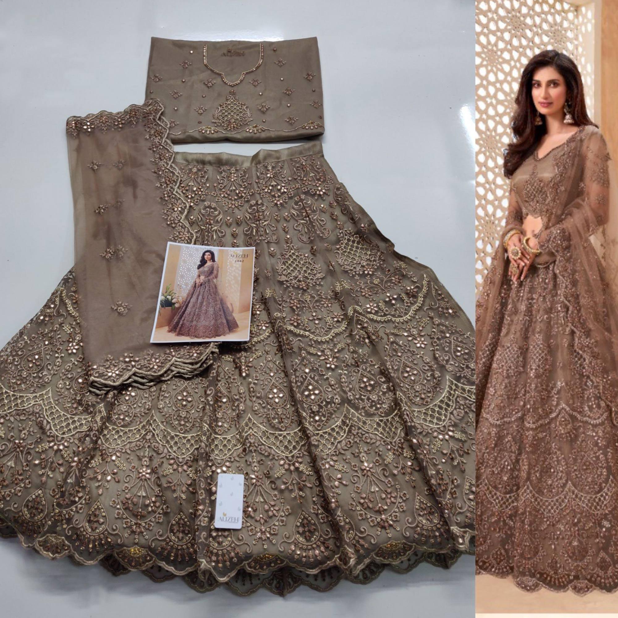 Brown Sequence Floral Embroidered Net Lehenga Choli - Peachmode