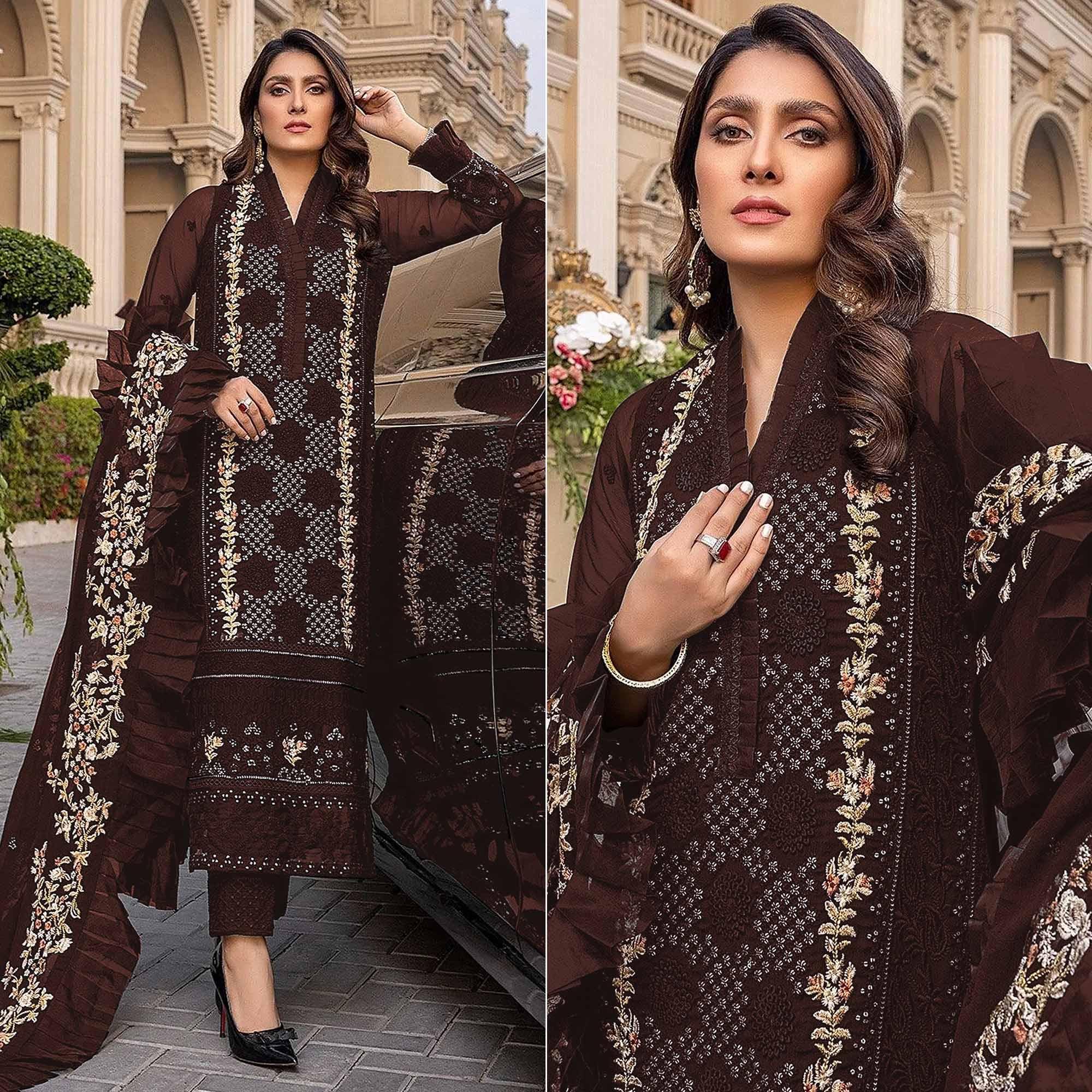 Brown Sequence With Floral Embroidered Georgette Pakistani Suit - Peachmode