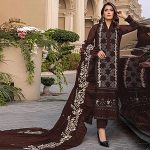 Brown Sequence With Floral Embroidered Georgette Pakistani Suit - Peachmode