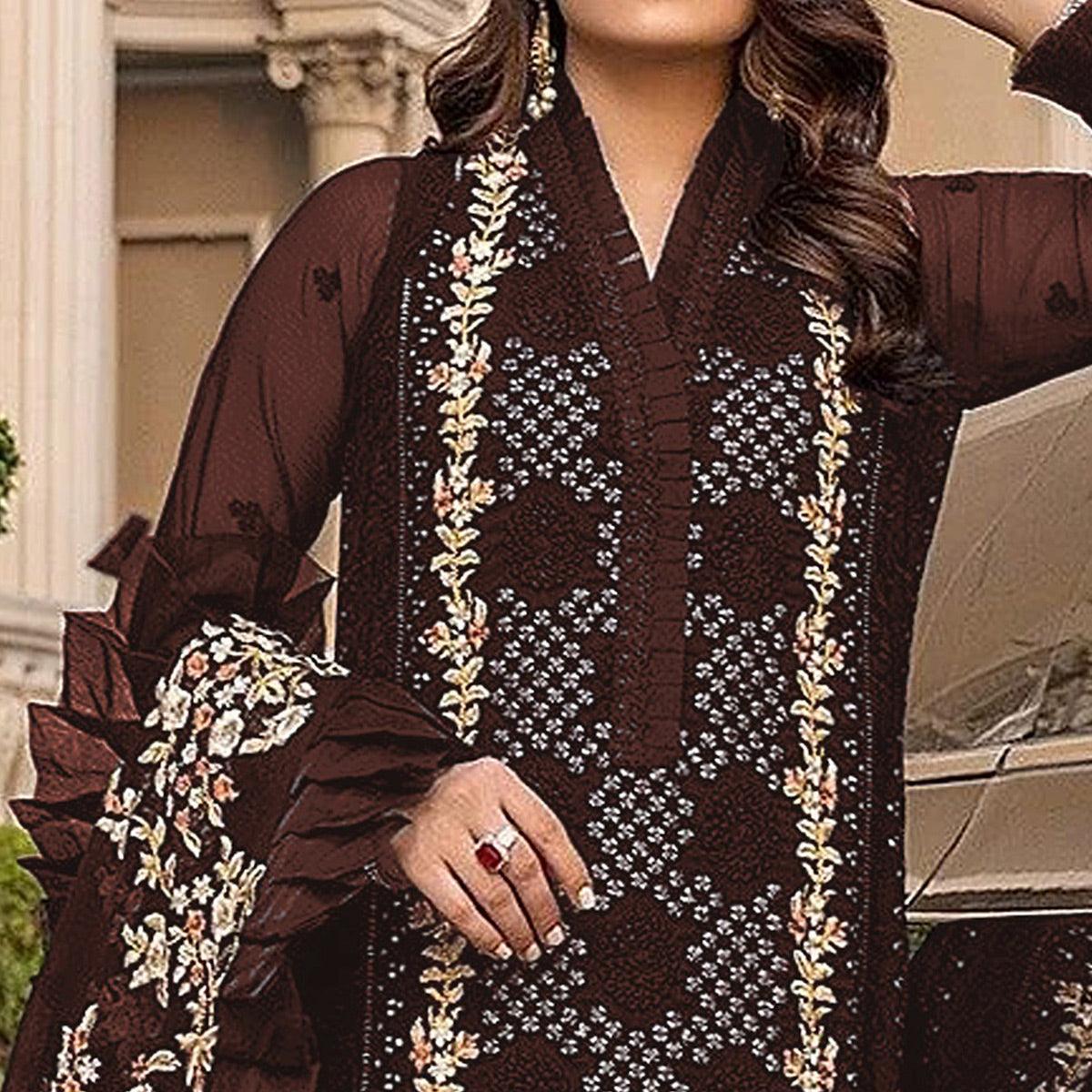 Brown Sequence With Floral Embroidered Georgette Pakistani Suit - Peachmode