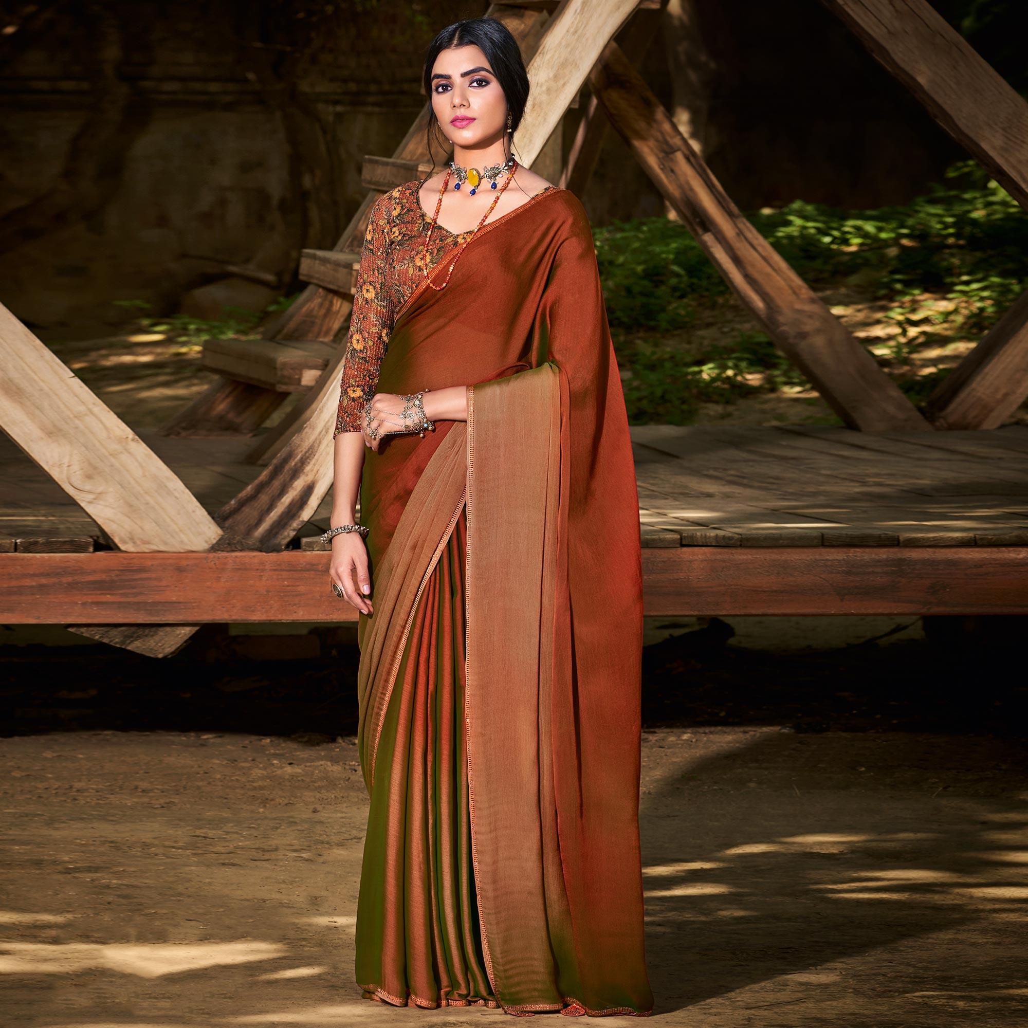 Brown Solid Chiffon Saree - Peachmode