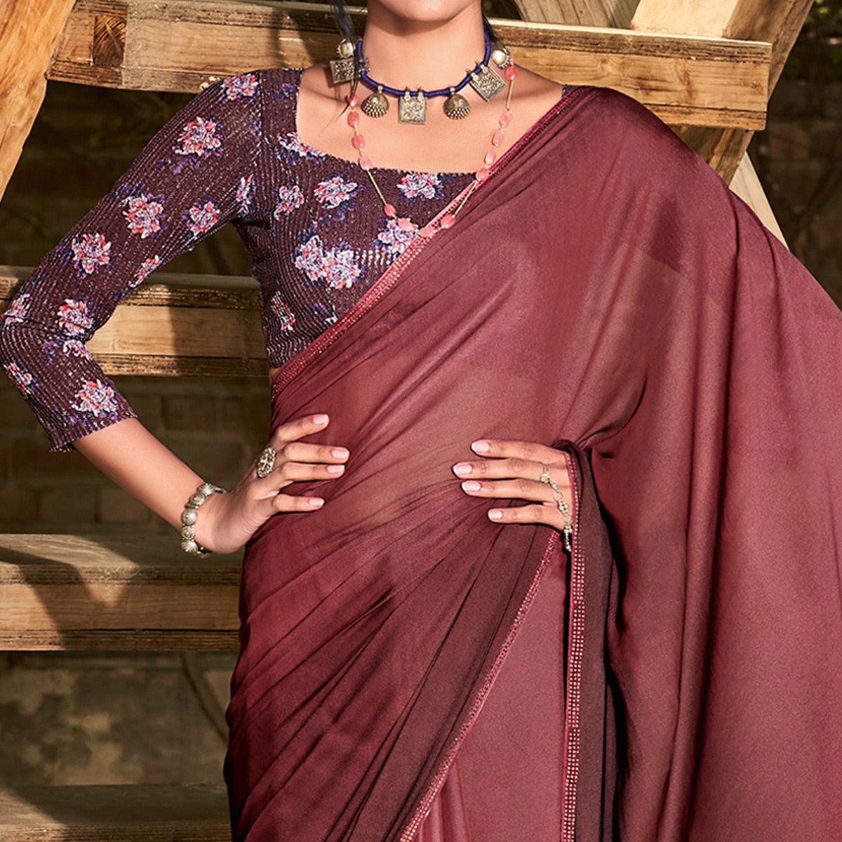 Brown Solid Chiffon Saree - Peachmode