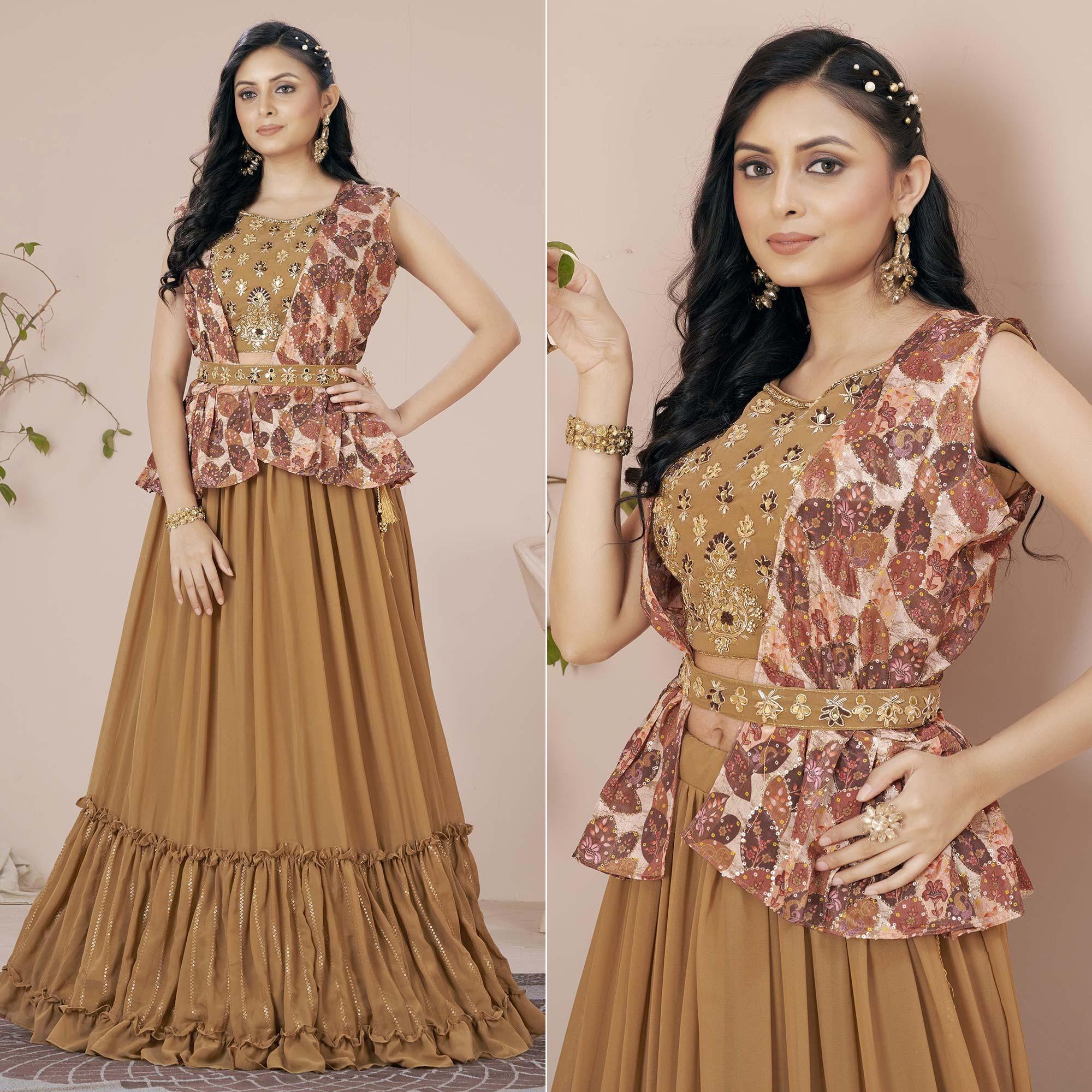 Brown Solid Georgette Lehenga Choli - Peachmode