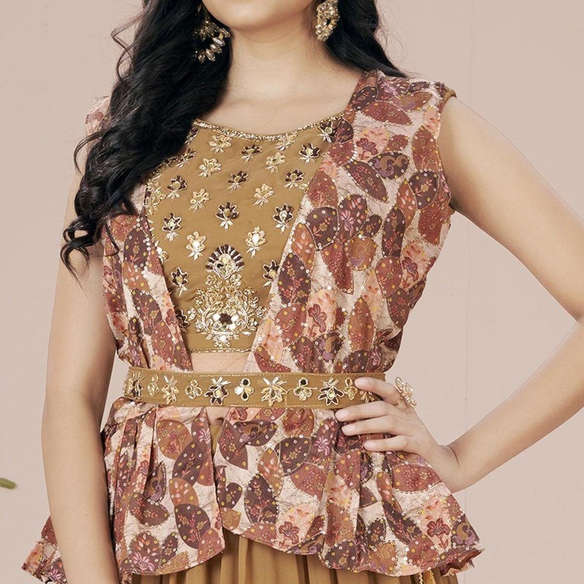 Brown Solid Georgette Lehenga Choli - Peachmode
