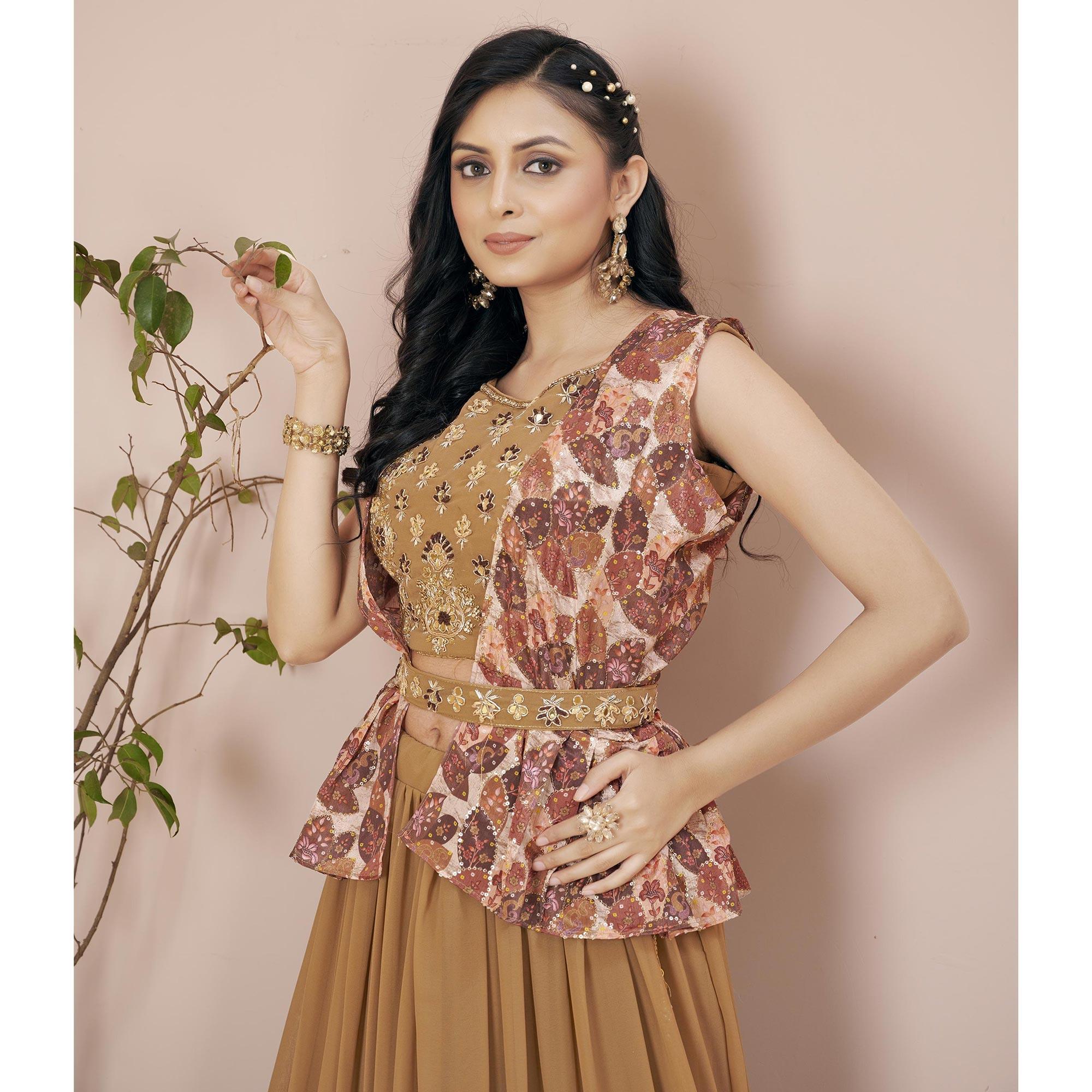 Brown Solid Georgette Lehenga Choli - Peachmode