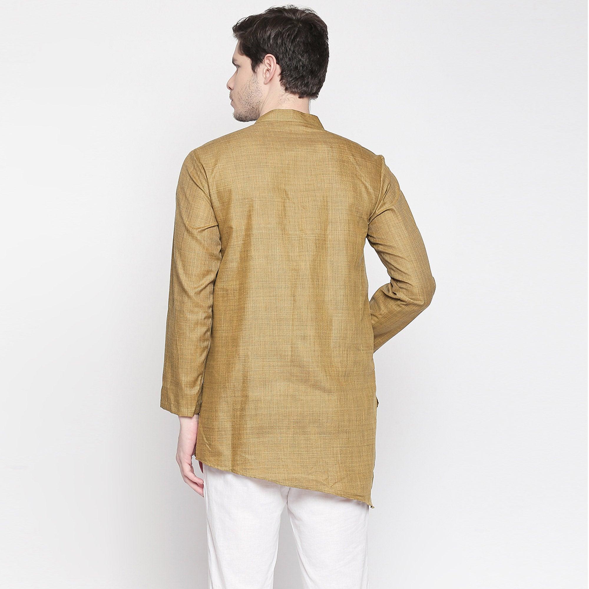 Brown Solid Pure Cotton Kurta With Asymmetric Hem - Peachmode