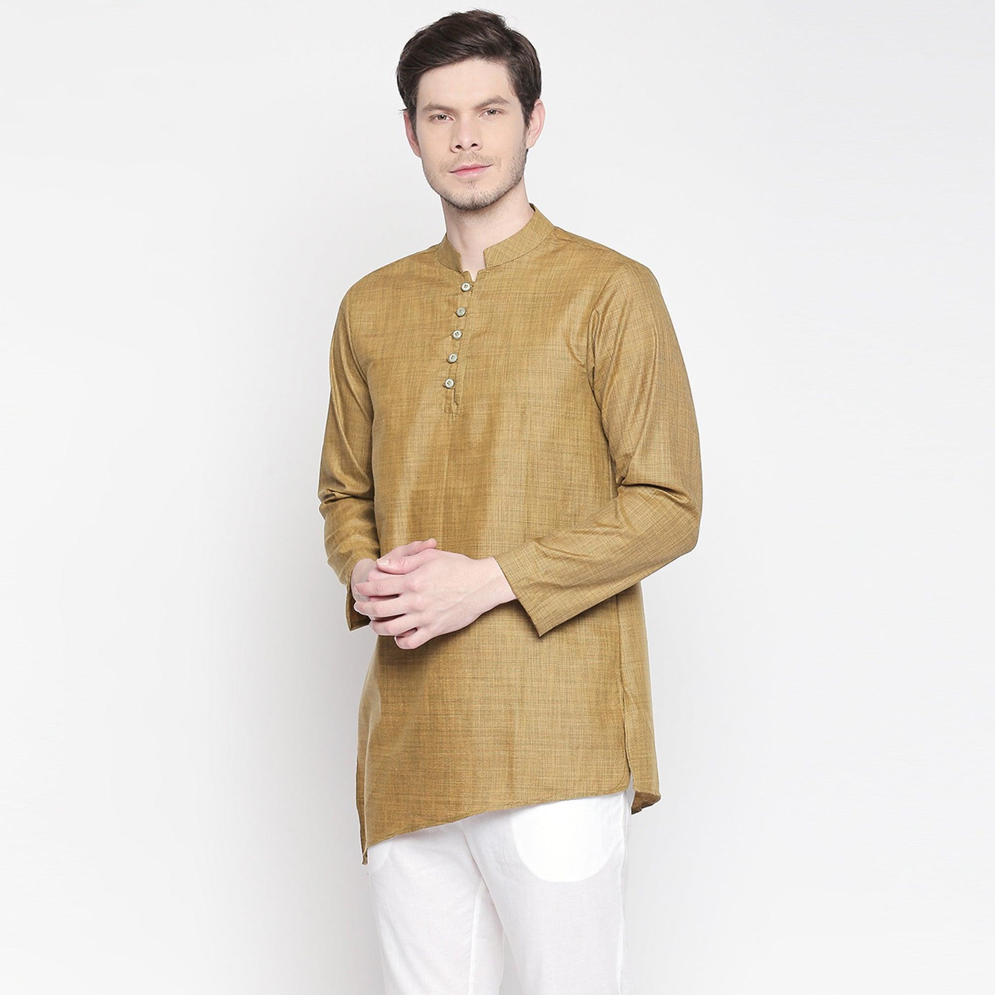 Brown Solid Pure Cotton Kurta With Asymmetric Hem - Peachmode