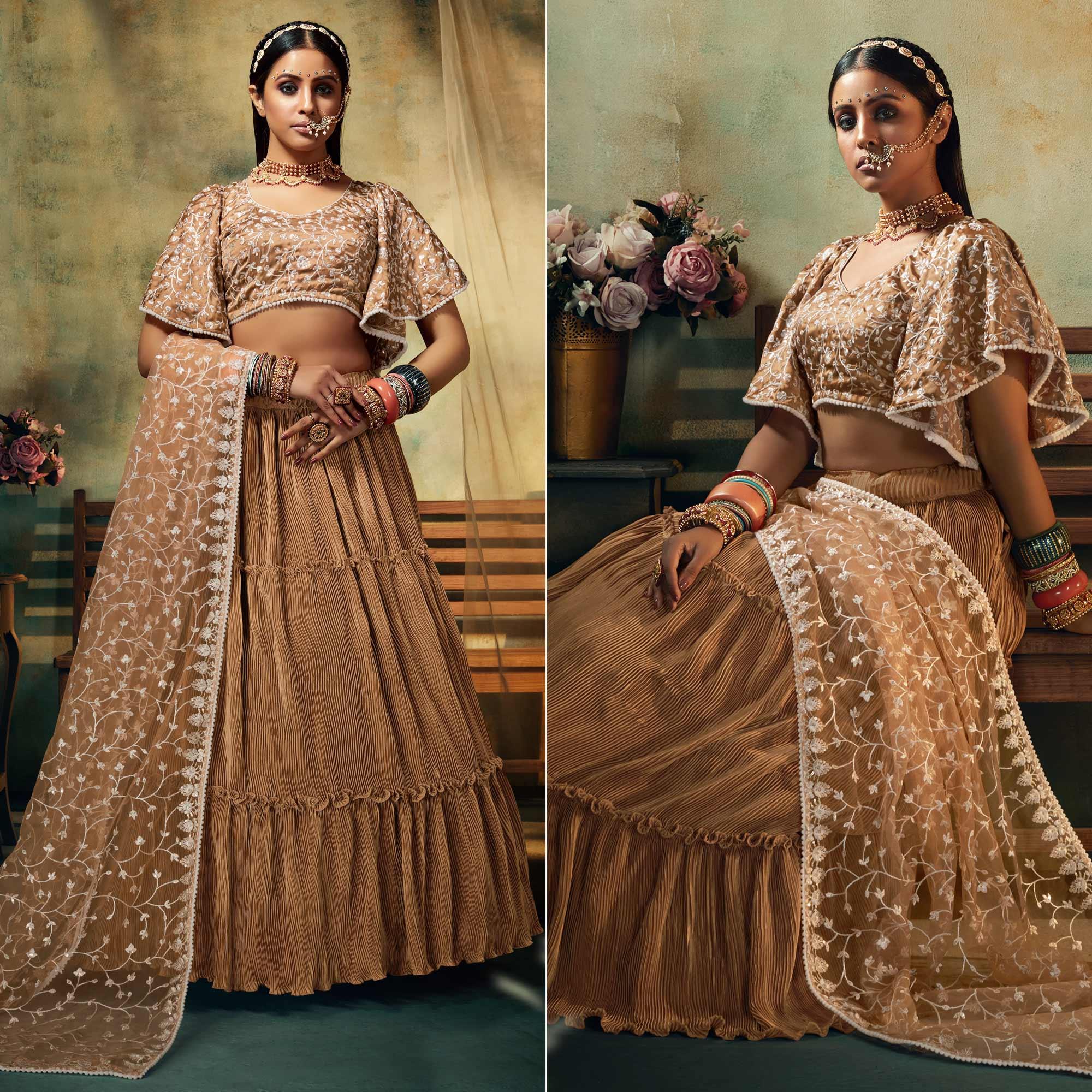 Brown Solid Satin Lehenga Choli - Peachmode