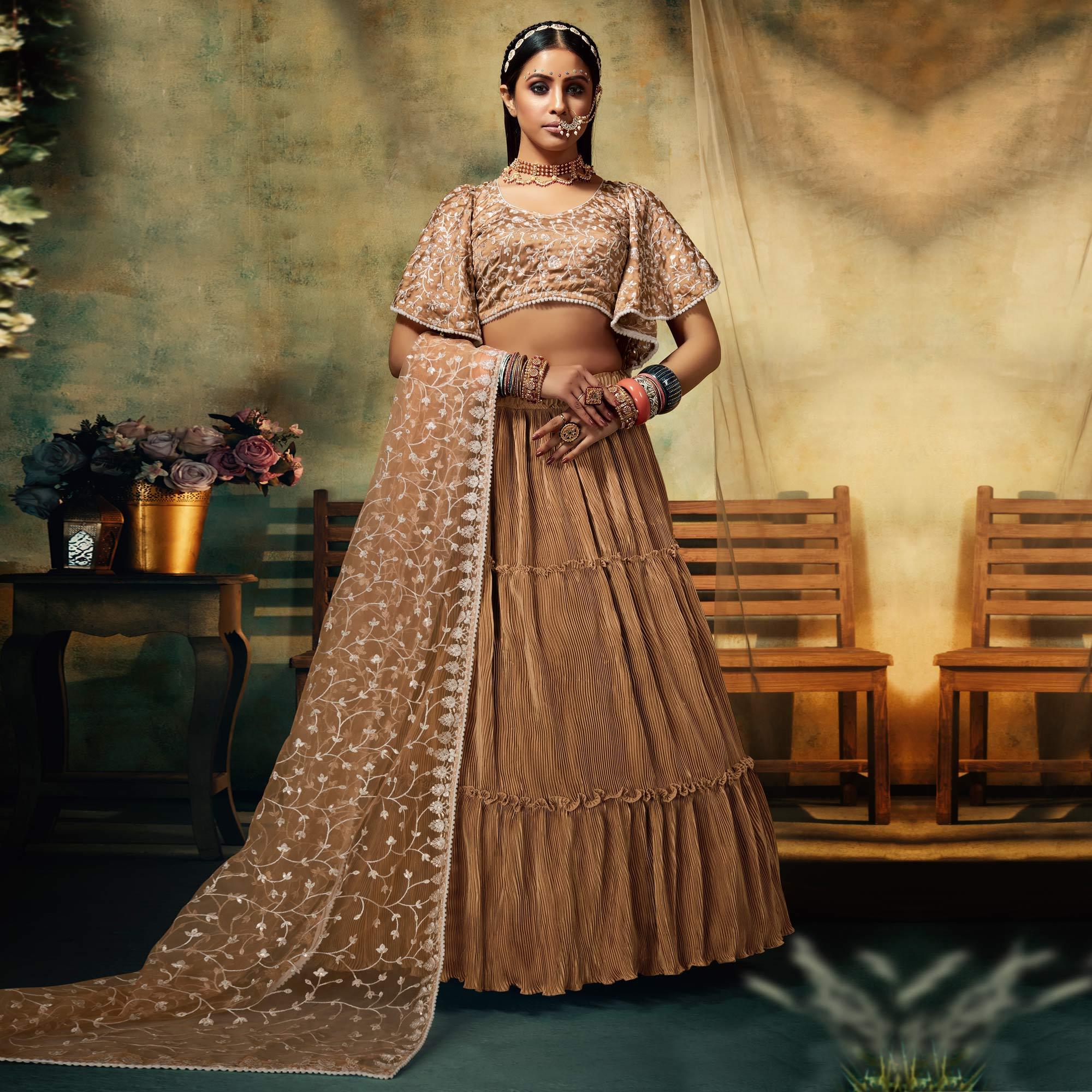 Brown Solid Satin Lehenga Choli - Peachmode