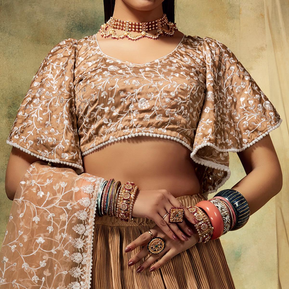 Brown Solid Satin Lehenga Choli - Peachmode