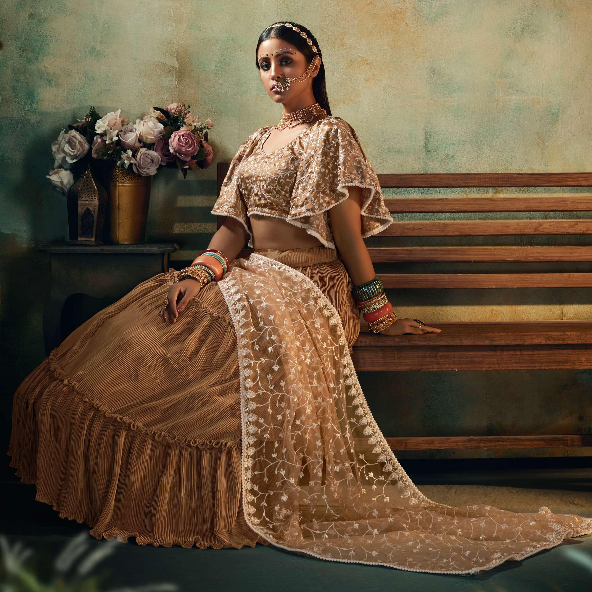 Brown Solid Satin Lehenga Choli - Peachmode