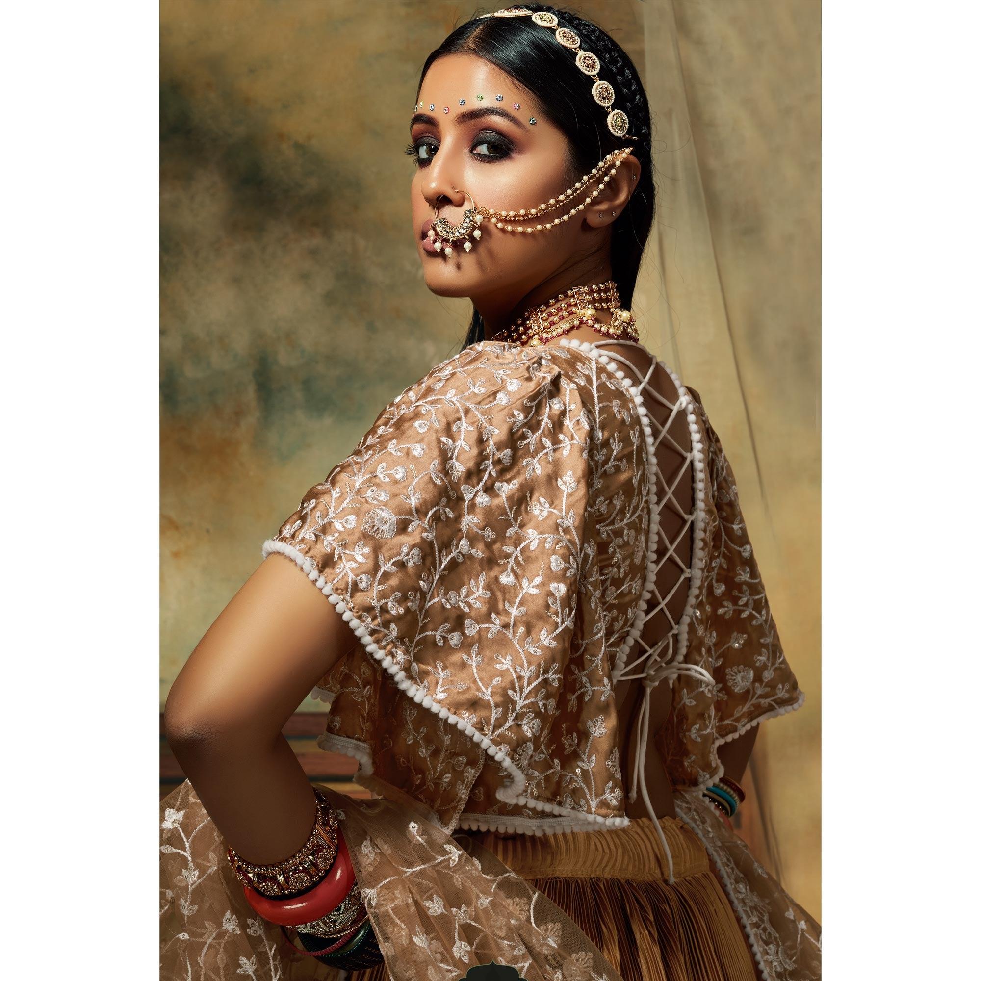 Brown Solid Satin Lehenga Choli - Peachmode