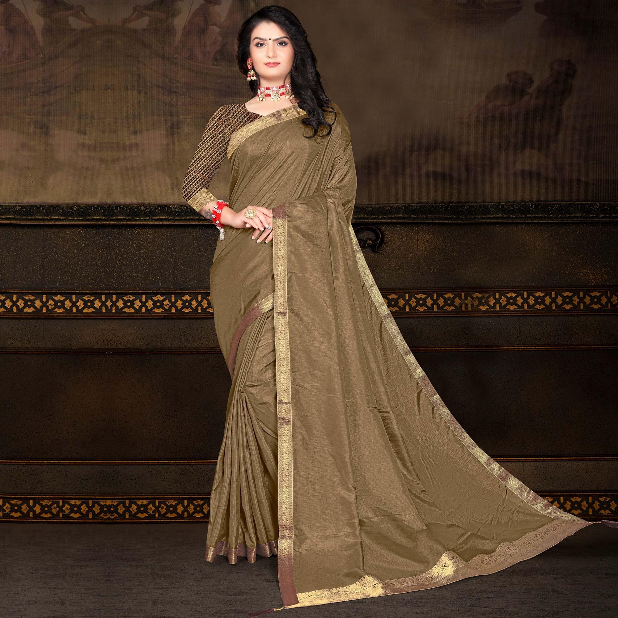 Brown Solid Vichitra Silk Saree - Peachmode
