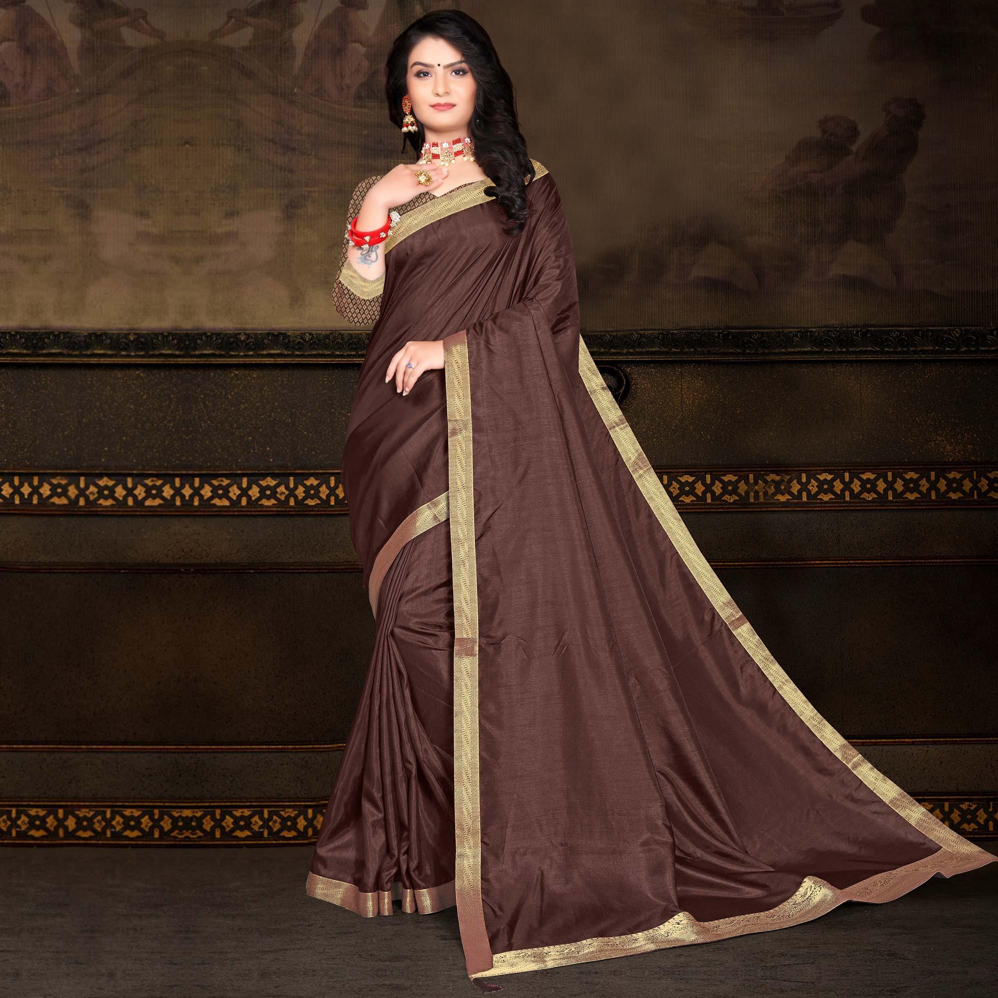 Brown Solid Vichitra Silk Saree - Peachmode