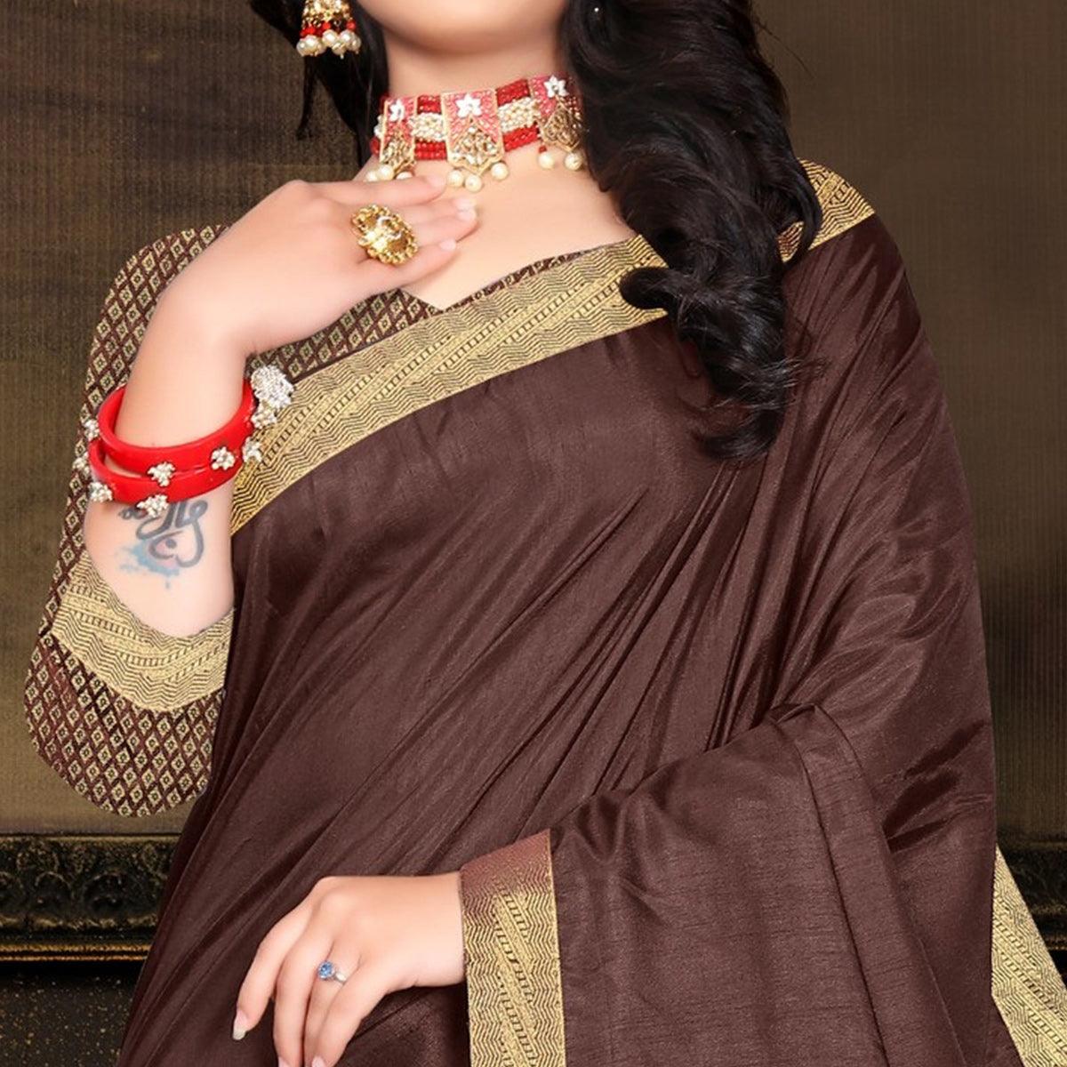 Brown Solid Vichitra Silk Saree - Peachmode