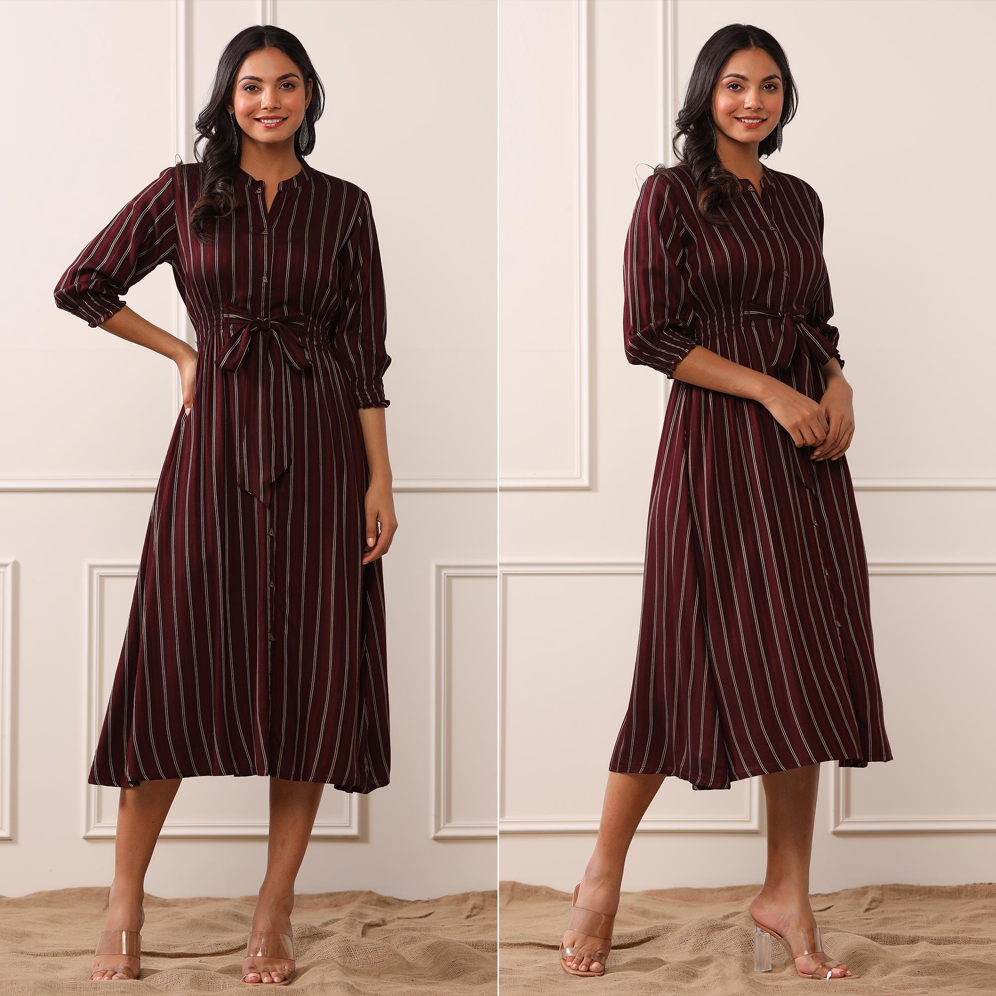 Brown Stripe Printed Rayon Dress - Peachmode