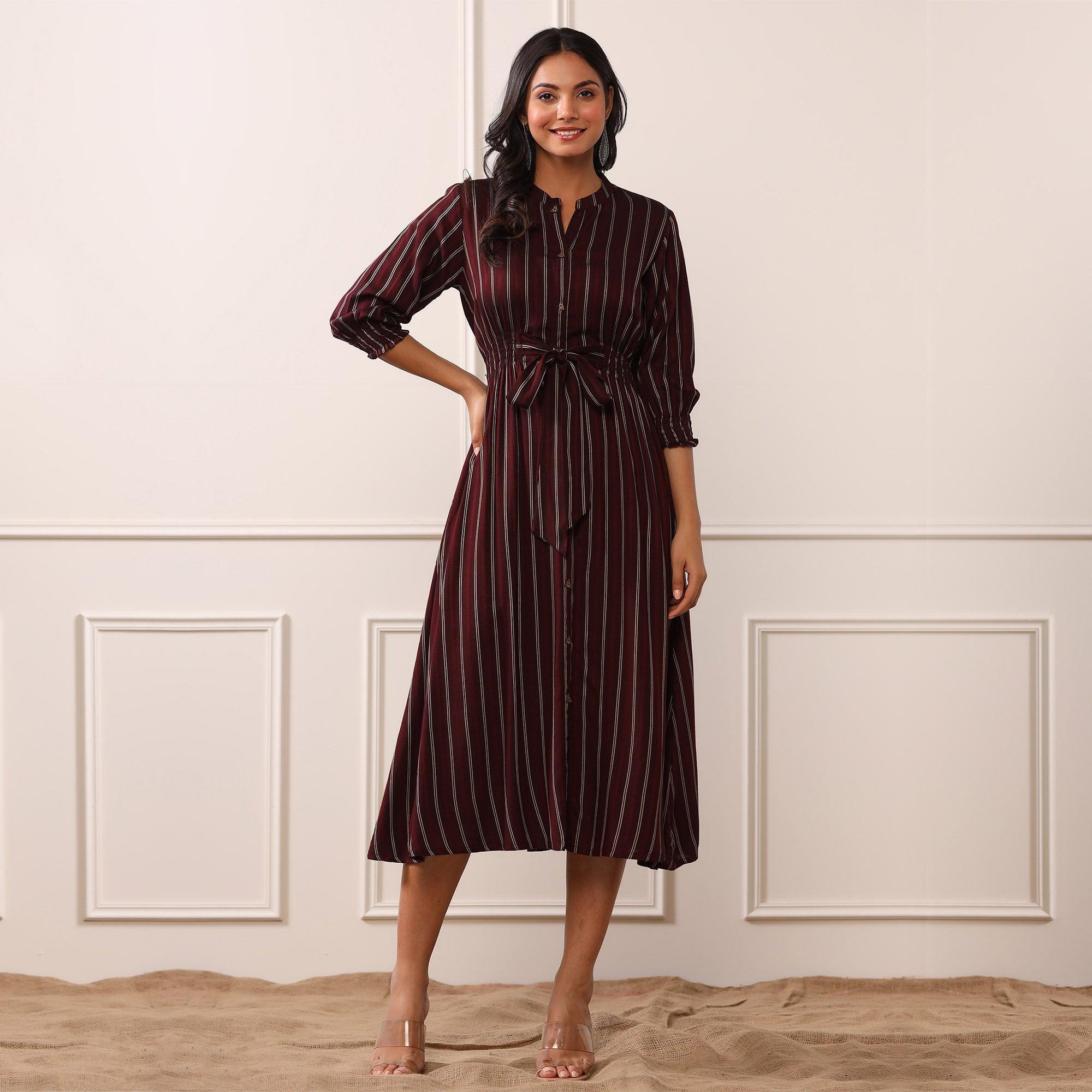 Brown Stripe Printed Rayon Dress - Peachmode