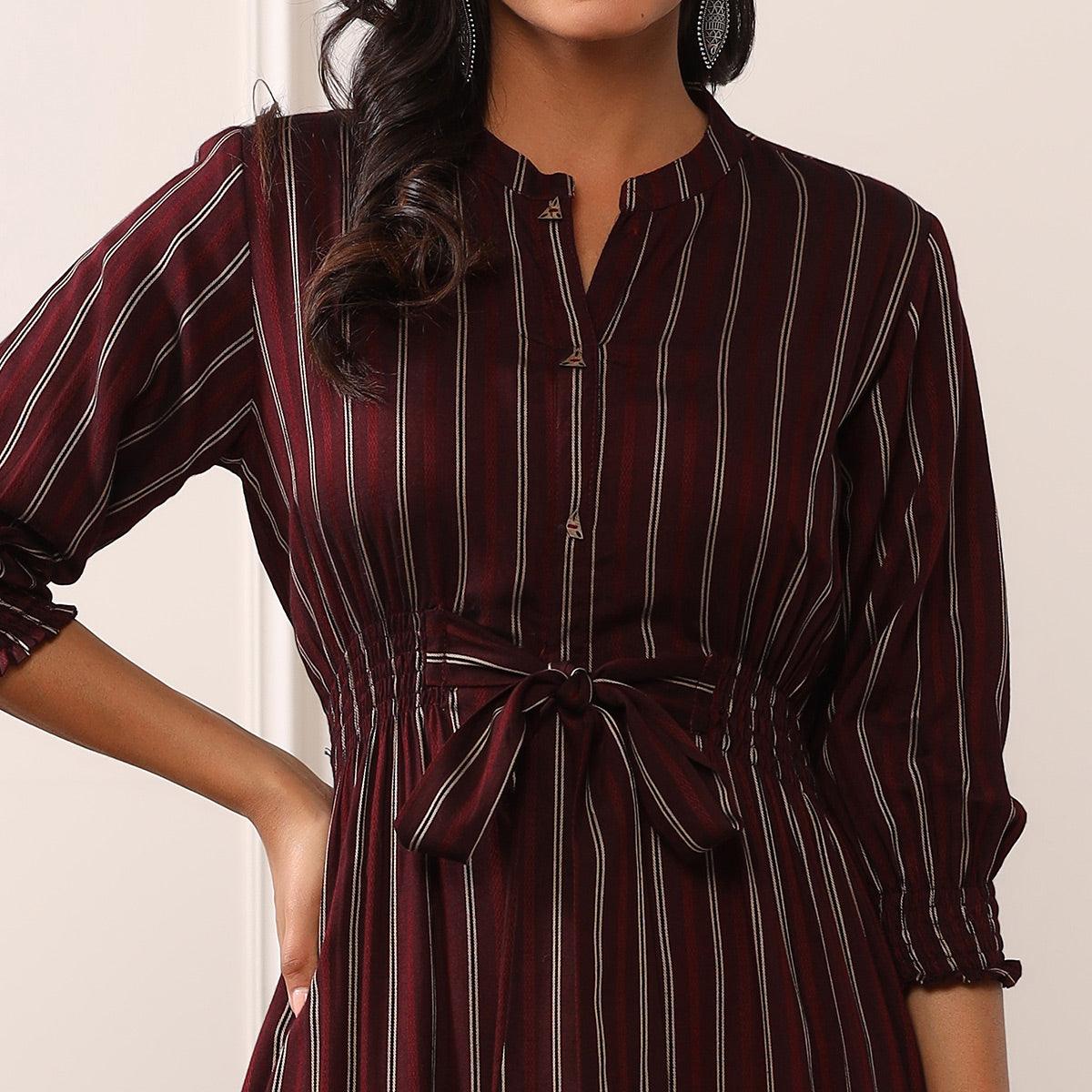 Brown Stripe Printed Rayon Dress - Peachmode