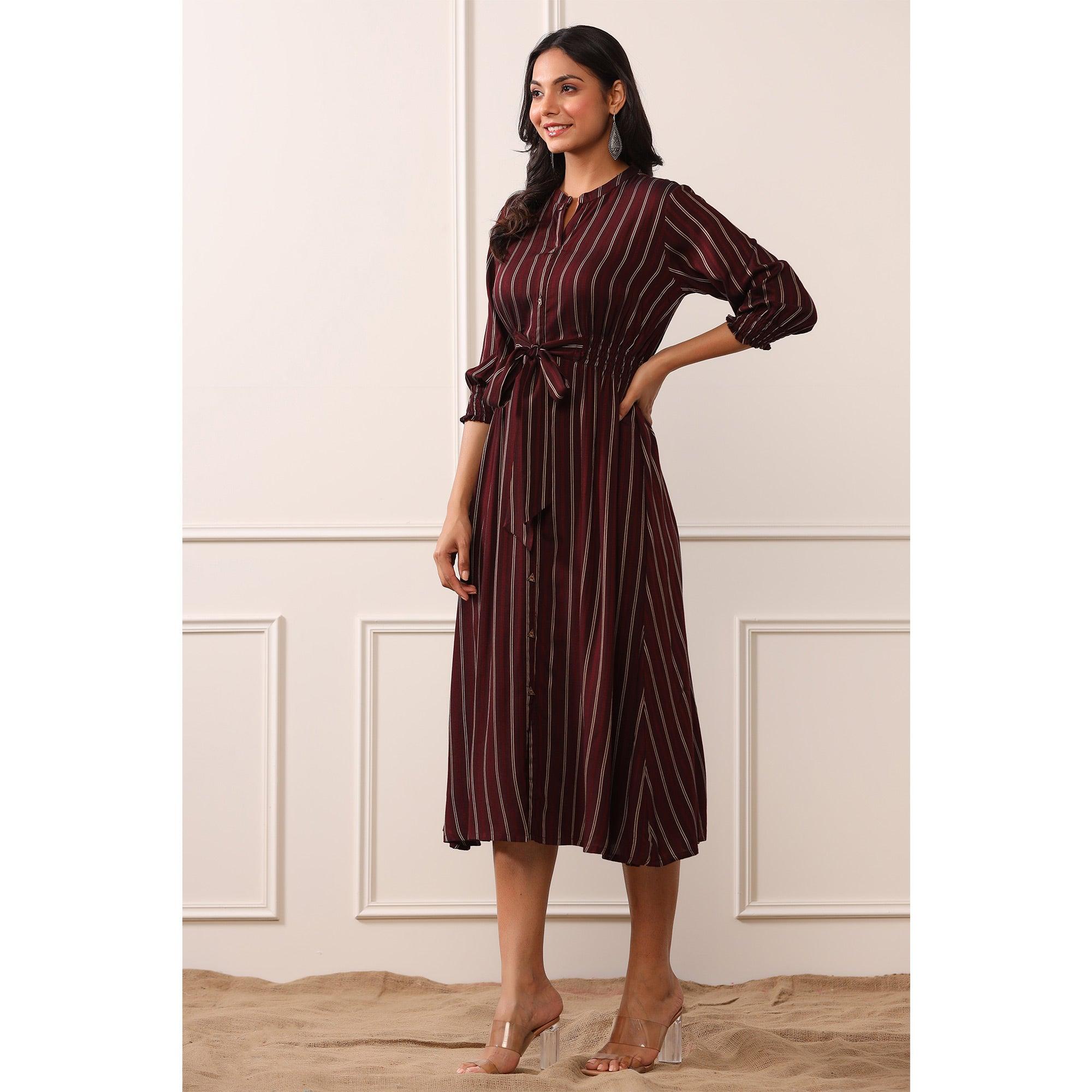 Brown Stripe Printed Rayon Dress - Peachmode