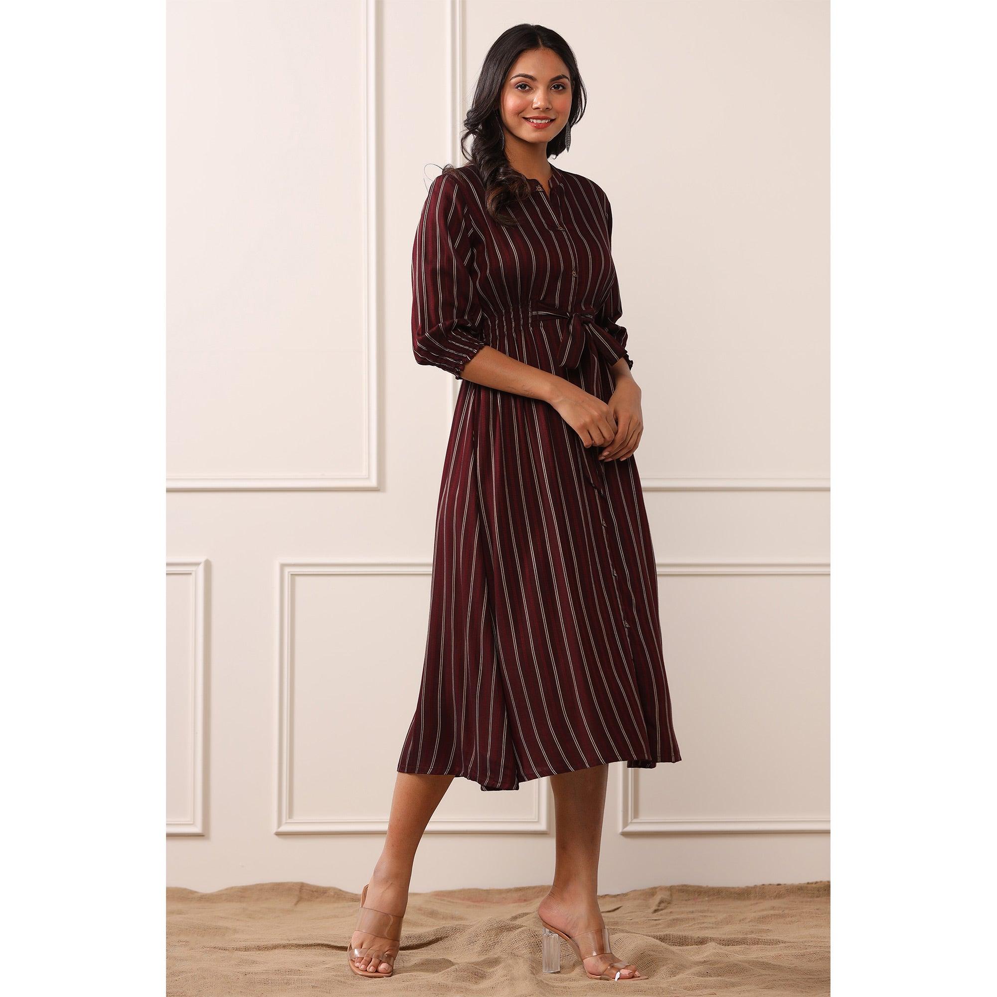 Brown Stripe Printed Rayon Dress - Peachmode