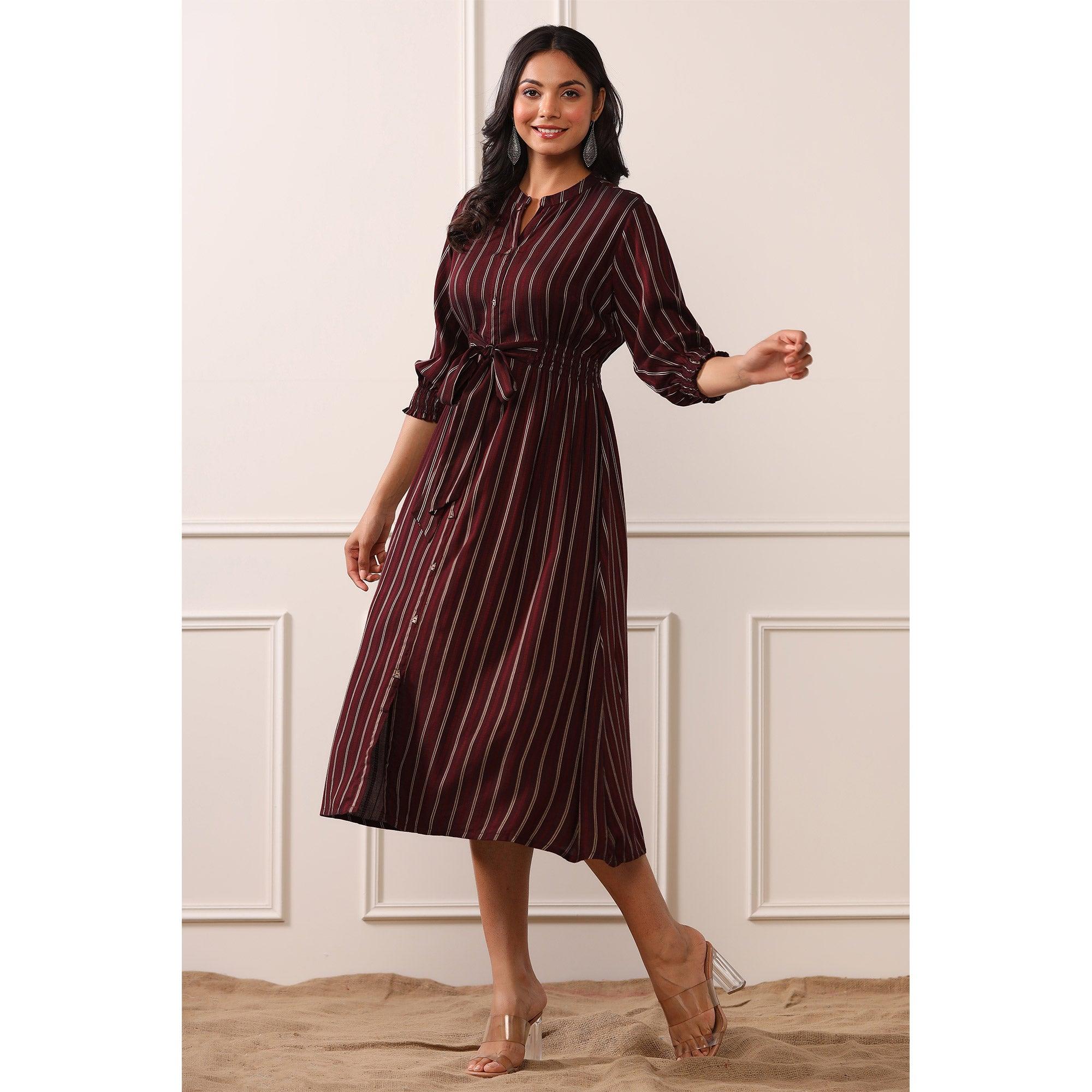 Brown Stripe Printed Rayon Dress - Peachmode