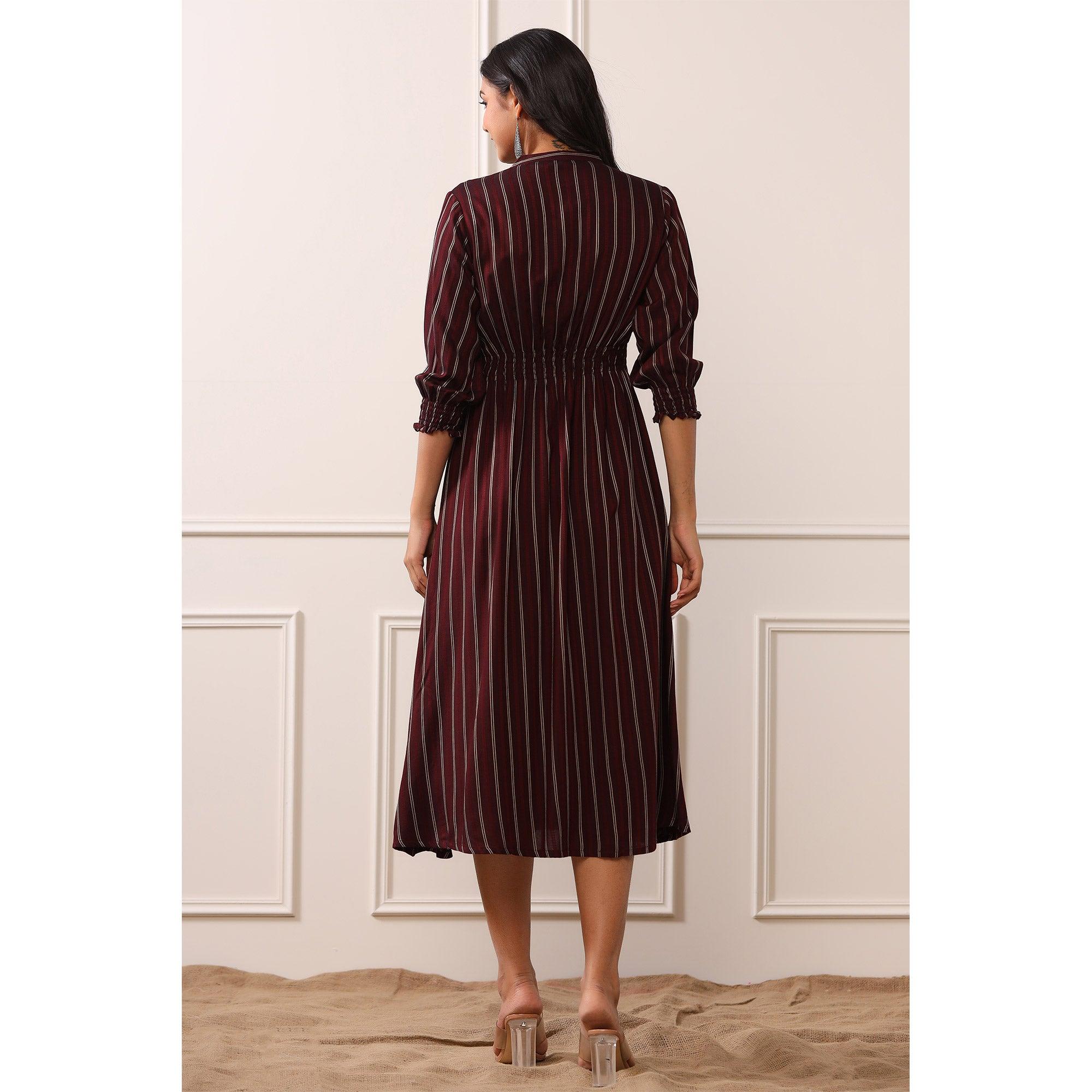 Brown Stripe Printed Rayon Dress - Peachmode