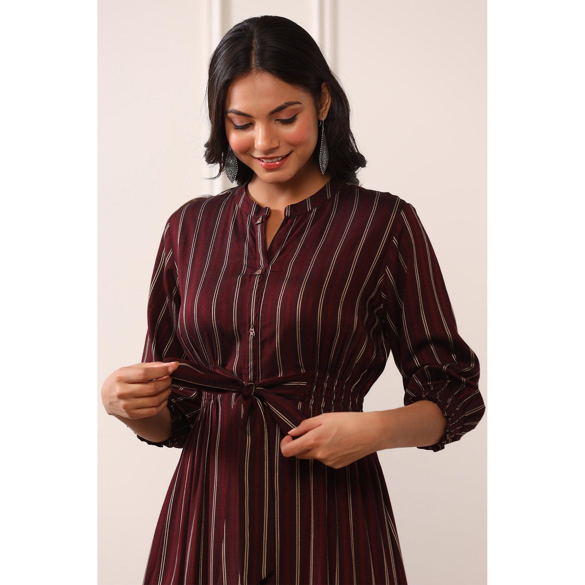 Brown Stripe Printed Rayon Dress - Peachmode