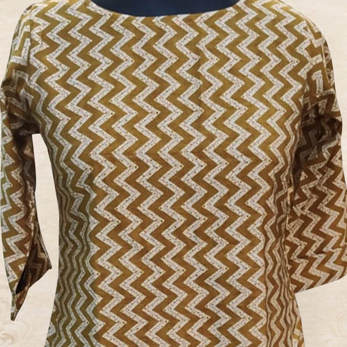 Brown Striped Printed Chanderi Top - Peachmode