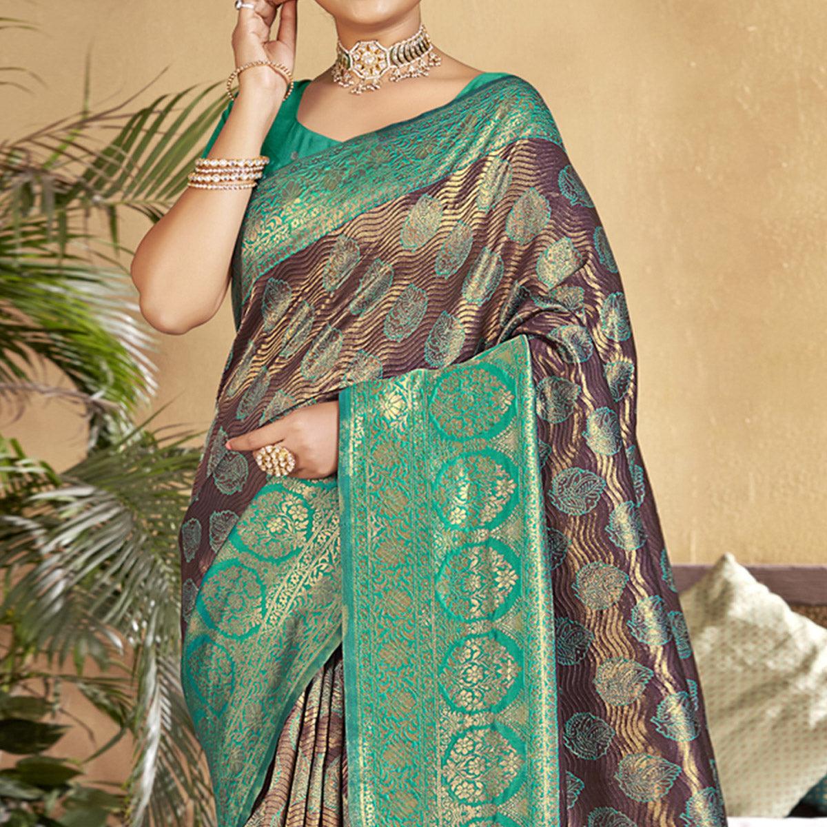 Brown-Turquoise Woven Art Silk Saree - Peachmode